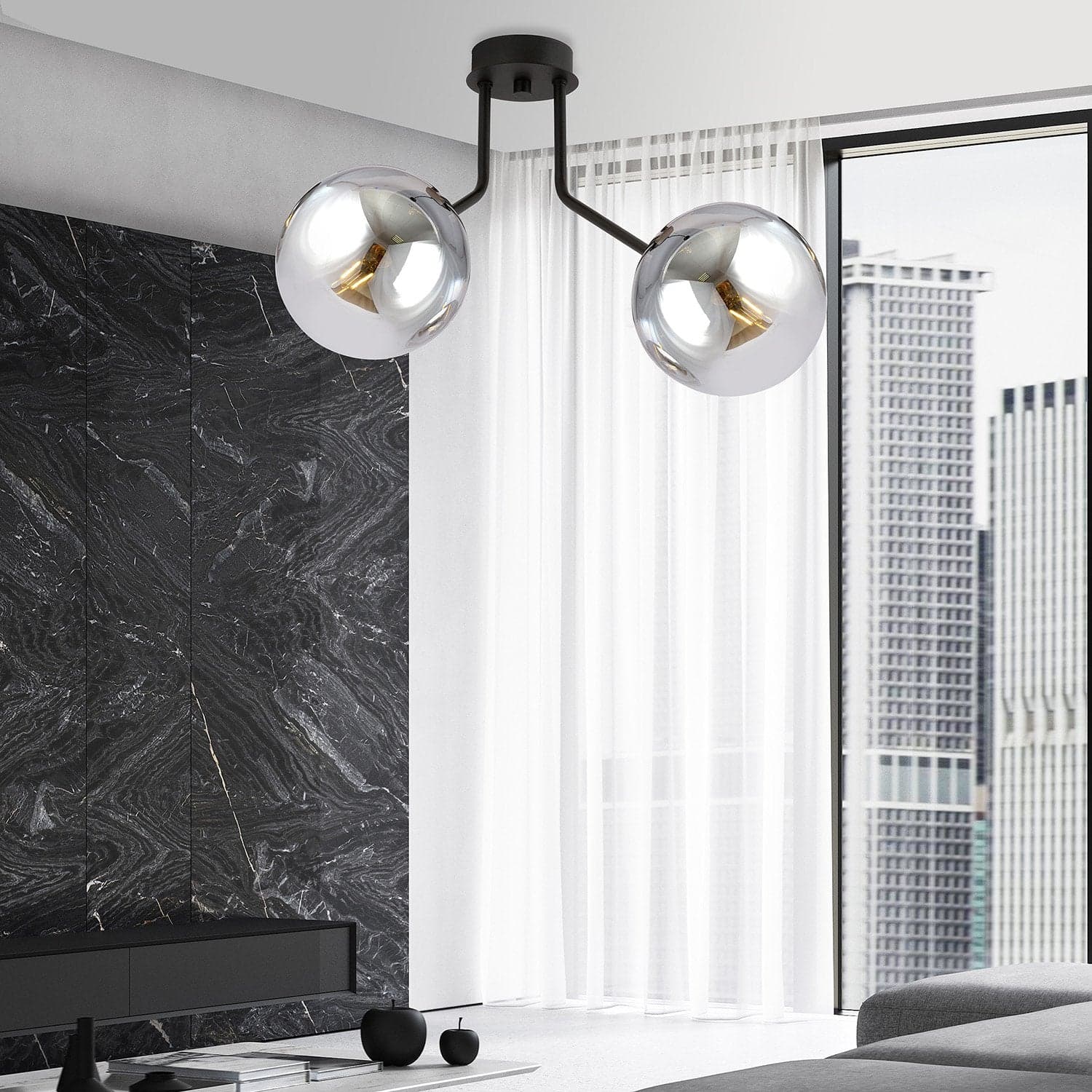 Plafoniera Moderna 2 Luci Nova In Acciaio Nero E Sfere Vetro Fumè in Lampade a sospensione LuceArt - Montecorvino Pugliano, commercioVirtuoso.it