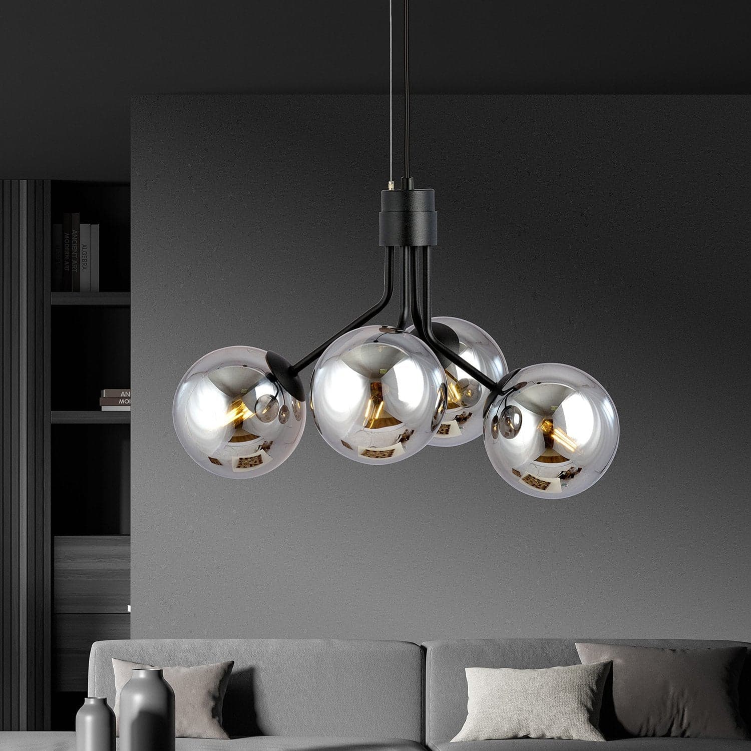 Sospensione Moderna 4 Luci Nova In Acciaio Nero E Sfere Vetro Fumè in Lampade a sospensione LuceArt - Montecorvino Pugliano, commercioVirtuoso.it