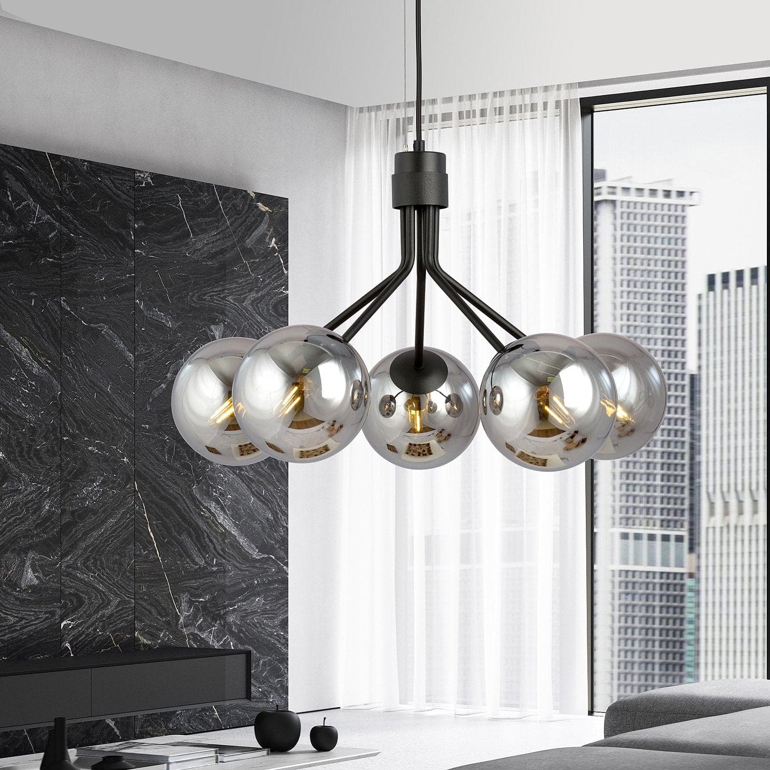 Sospensione Moderna 5 Luci Nova In Acciaio Nero E Sfere Vetro Fumè in Lampade a sospensione LuceArt - Montecorvino Pugliano, commercioVirtuoso.it
