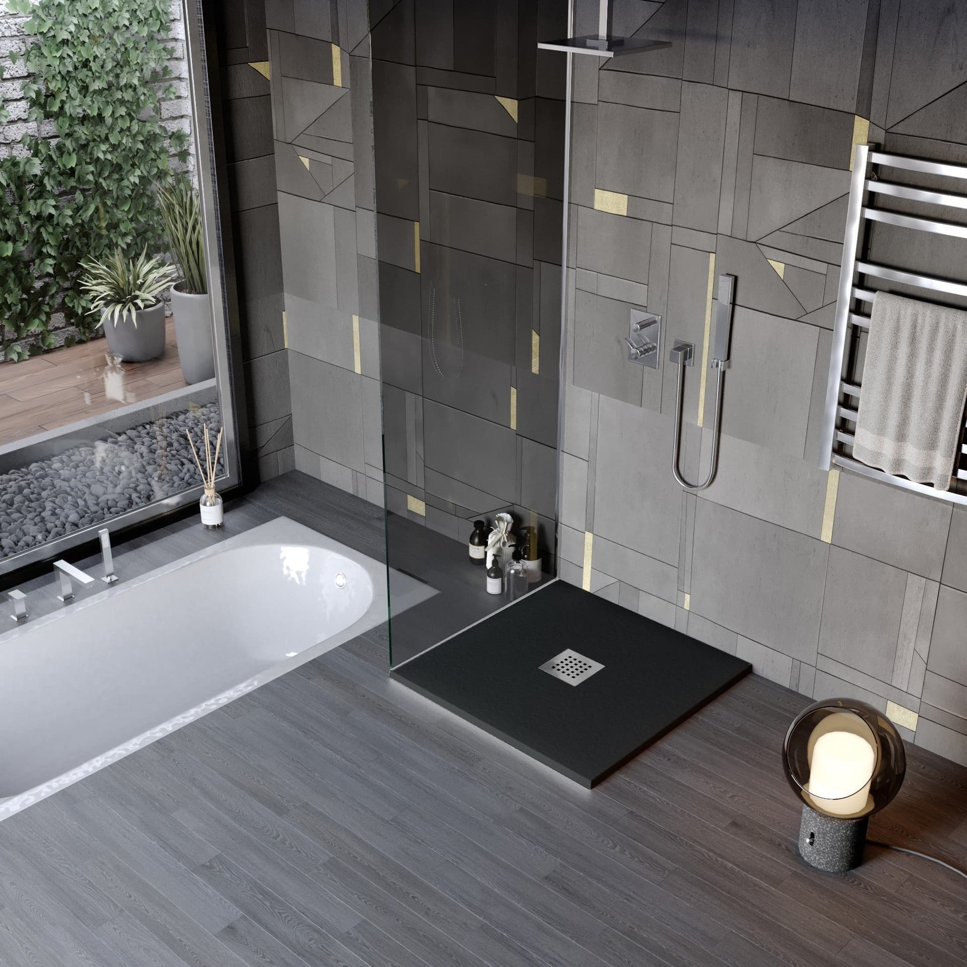 Piatto doccia in marmo resina effetto pietra con foro centrale Nero Chic in Rubinetti per vasca Mondialshop - Parabiago, commercioVirtuoso.it