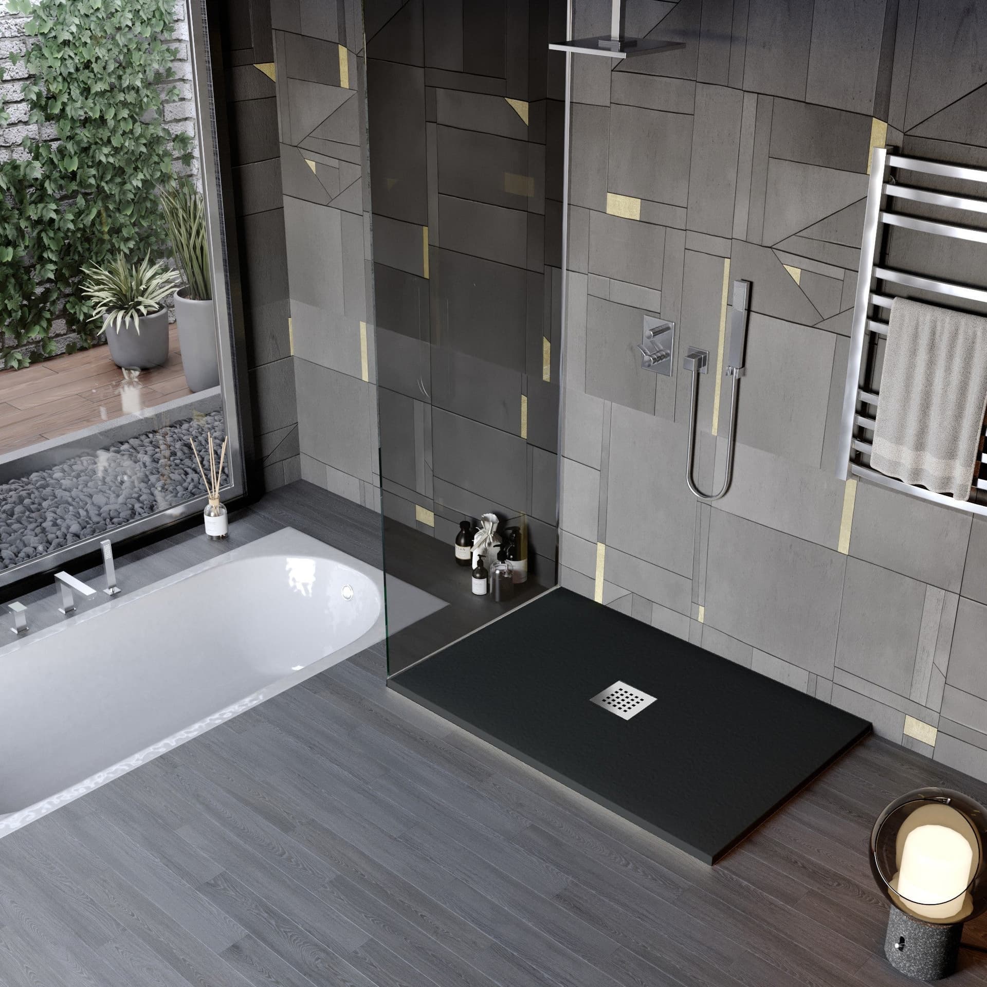 Piatto doccia in marmo resina effetto pietra con foro centrale Nero Chic in Rubinetti per vasca Mondialshop - Parabiago, commercioVirtuoso.it