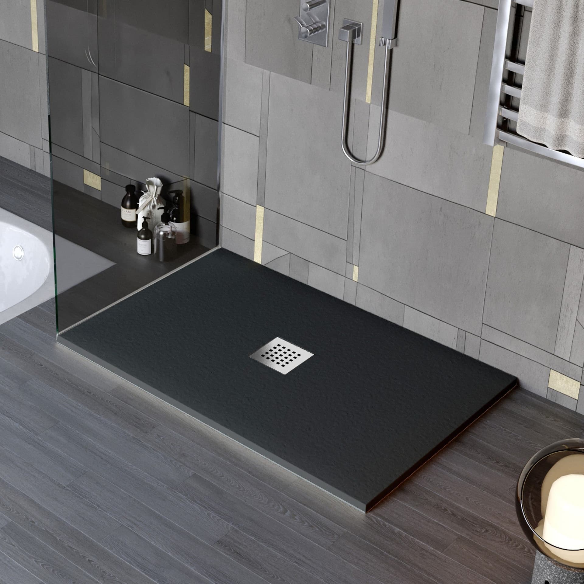 Piatto doccia in marmo resina effetto pietra con foro centrale Nero Chic in Rubinetti per vasca Mondialshop - Parabiago, commercioVirtuoso.it