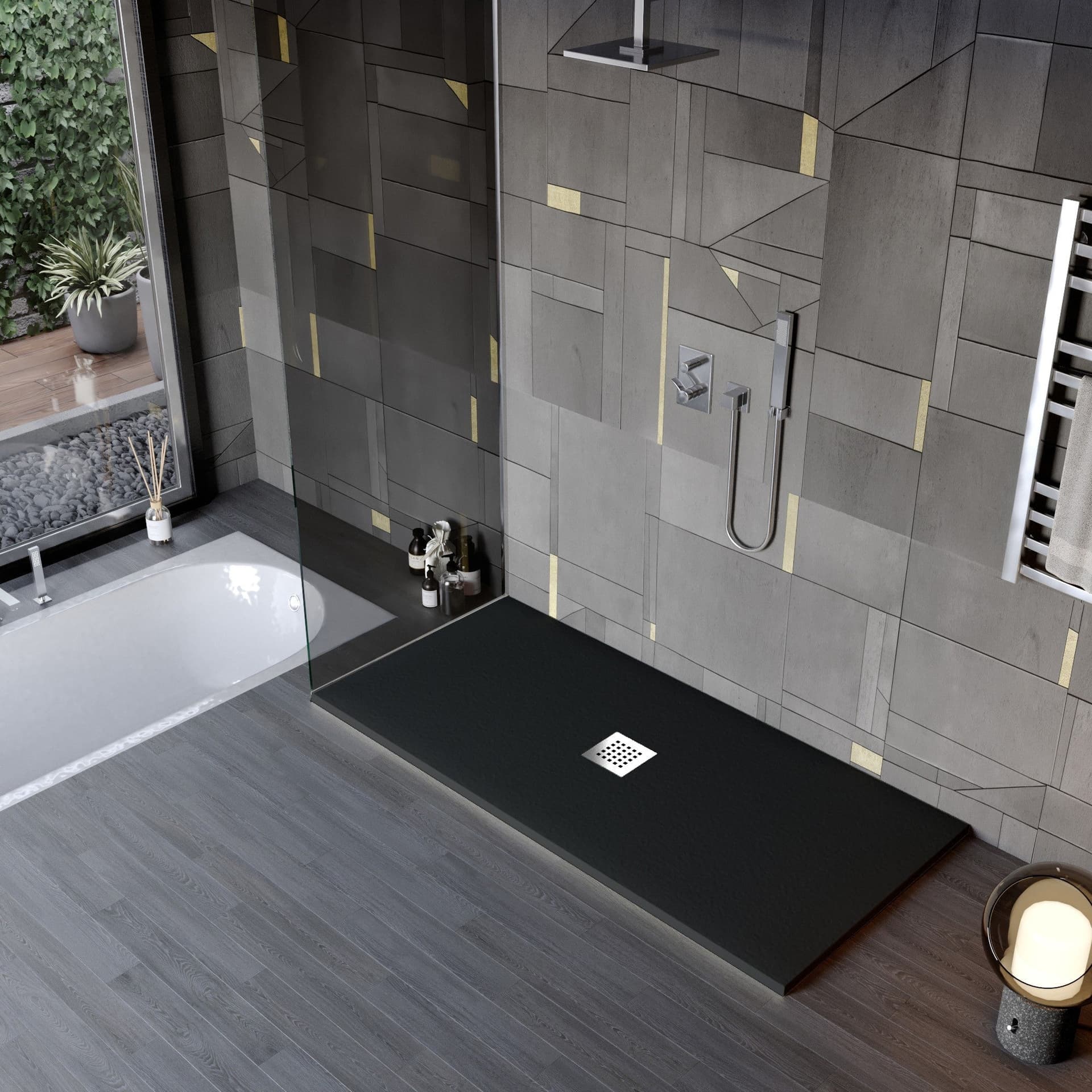Piatto doccia in marmo resina effetto pietra con foro centrale Nero Chic in Rubinetti per vasca Mondialshop - Parabiago, commercioVirtuoso.it