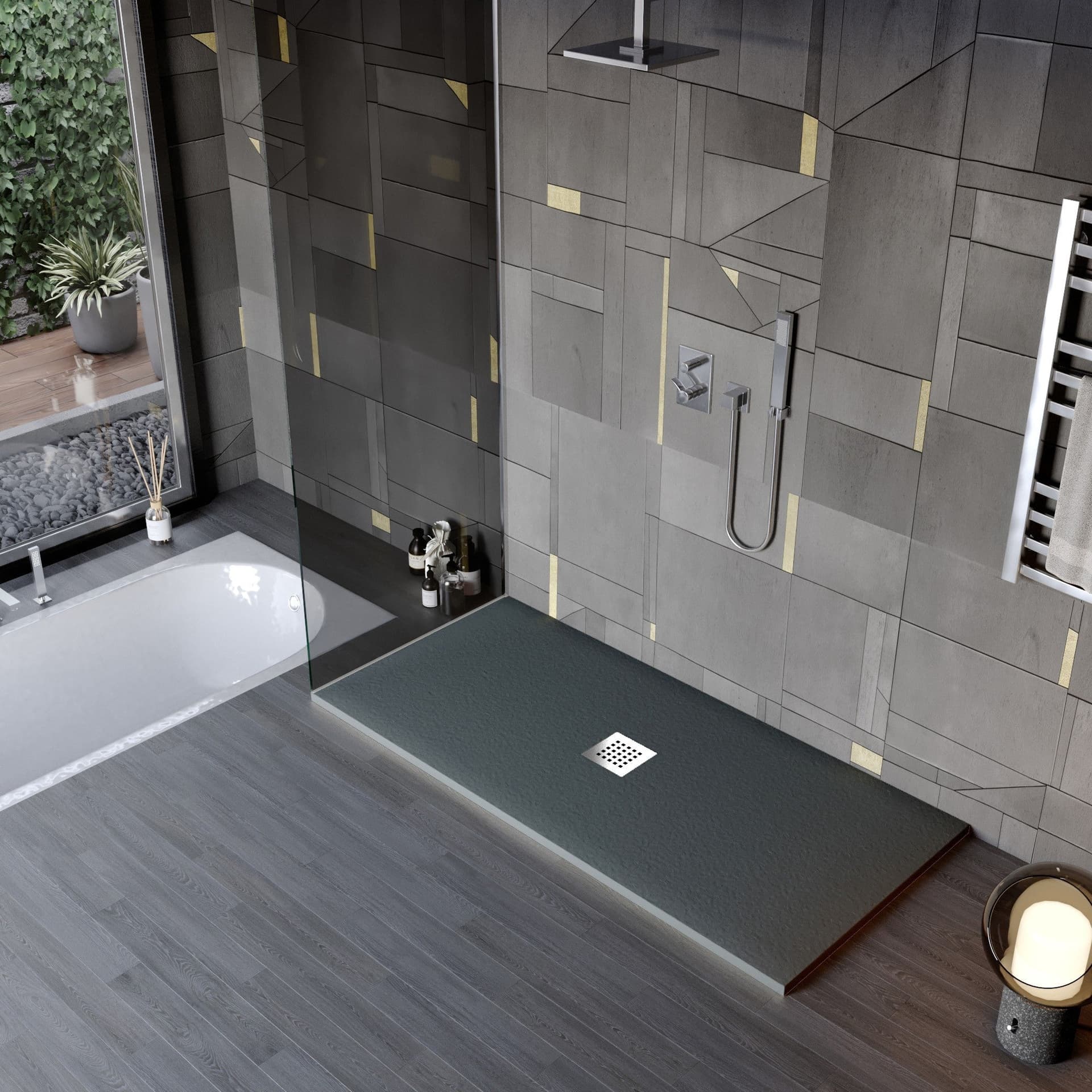 Piatto doccia in marmo resina effetto pietra con foro centrale Grigio Scuro Chic in Rubinetti per vasca Mondialshop - Parabiago, commercioVirtuoso.it