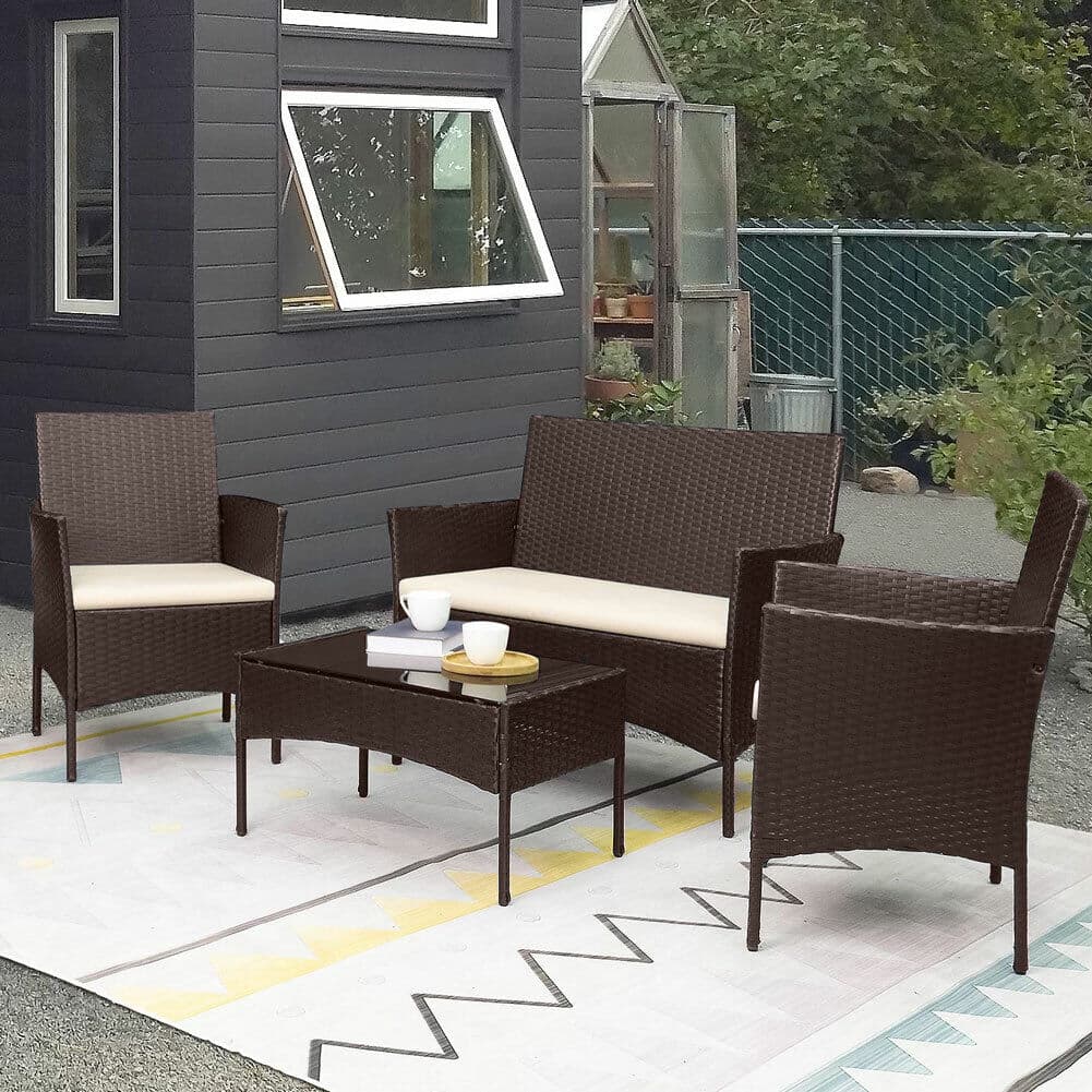 Set da Giardino 4pz in Polyrattan 2 Poltrone 1 Tavolino 1 Divano uso Esterno Marrone