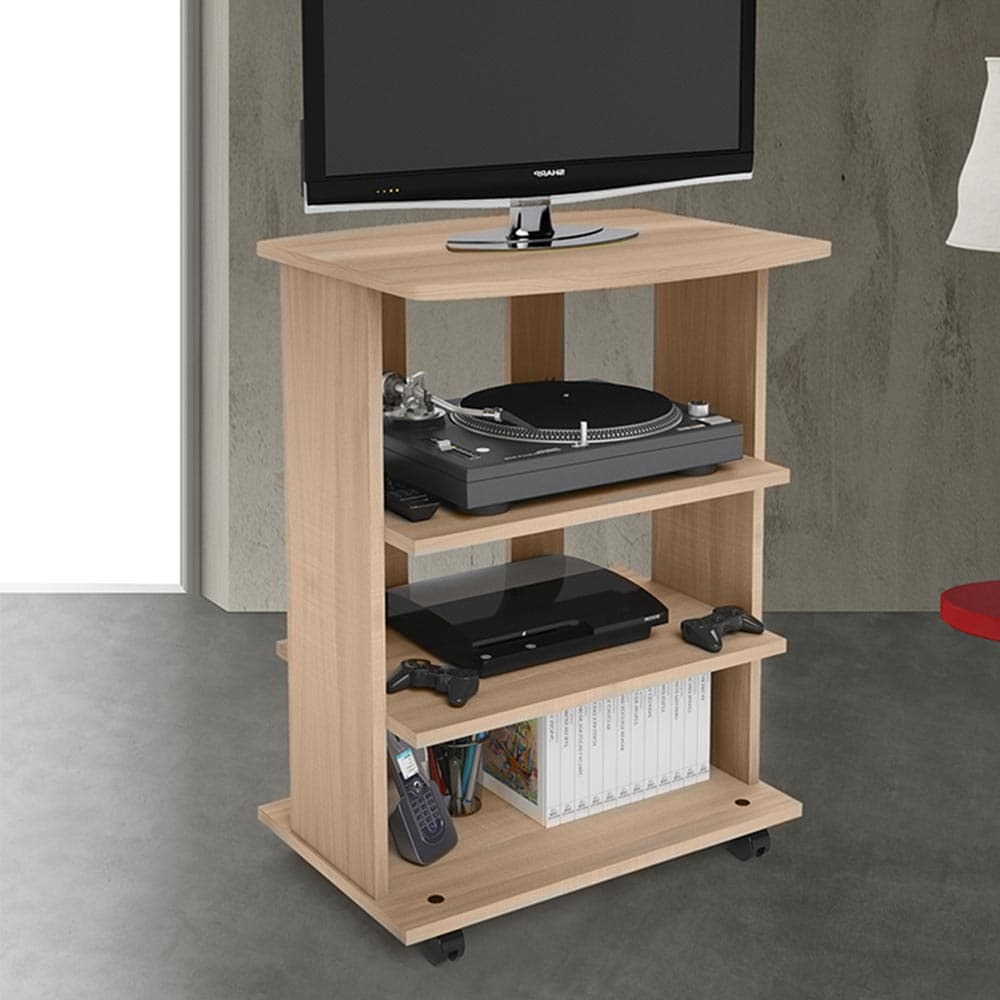 Mobile Multiuso in Legno Nobilitato 3 Ripiani e 4 Ruote Quercia 60x45 H80cm