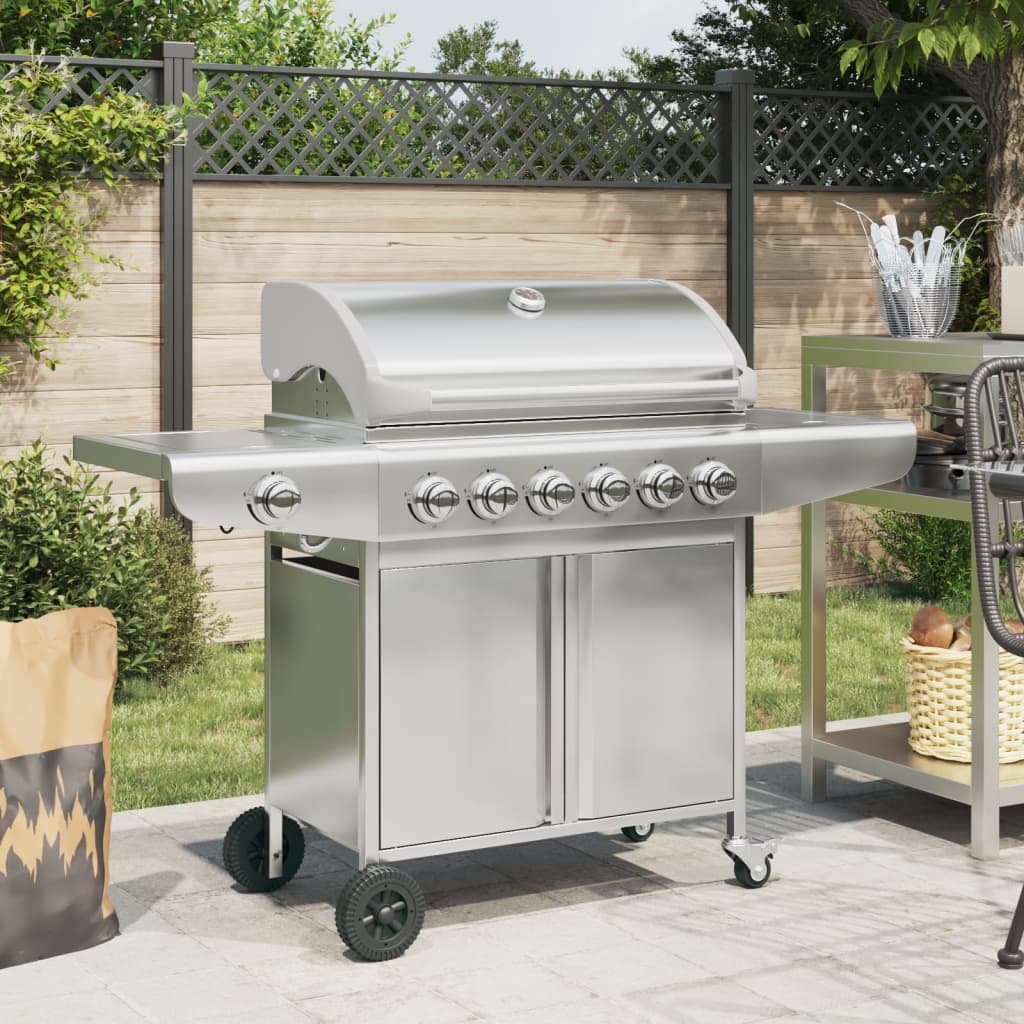 Barbecue a Gas con 7 Bruciatori Griglia in Acciaio con Ruote Colore Argento