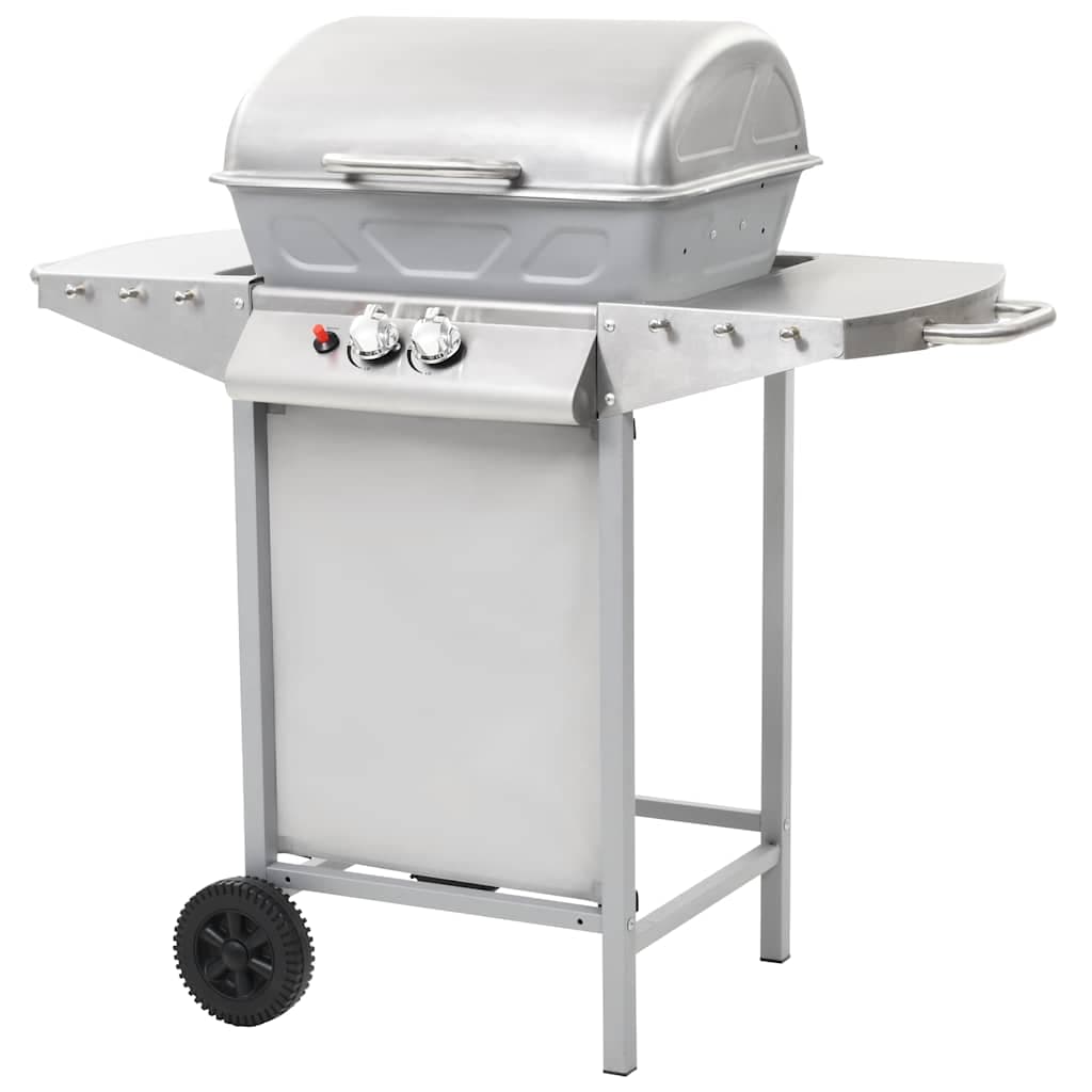 Barbecue a Gas GPL con Griglia 2 Fornelli Argento Acciaio Inox e 2 Ruote