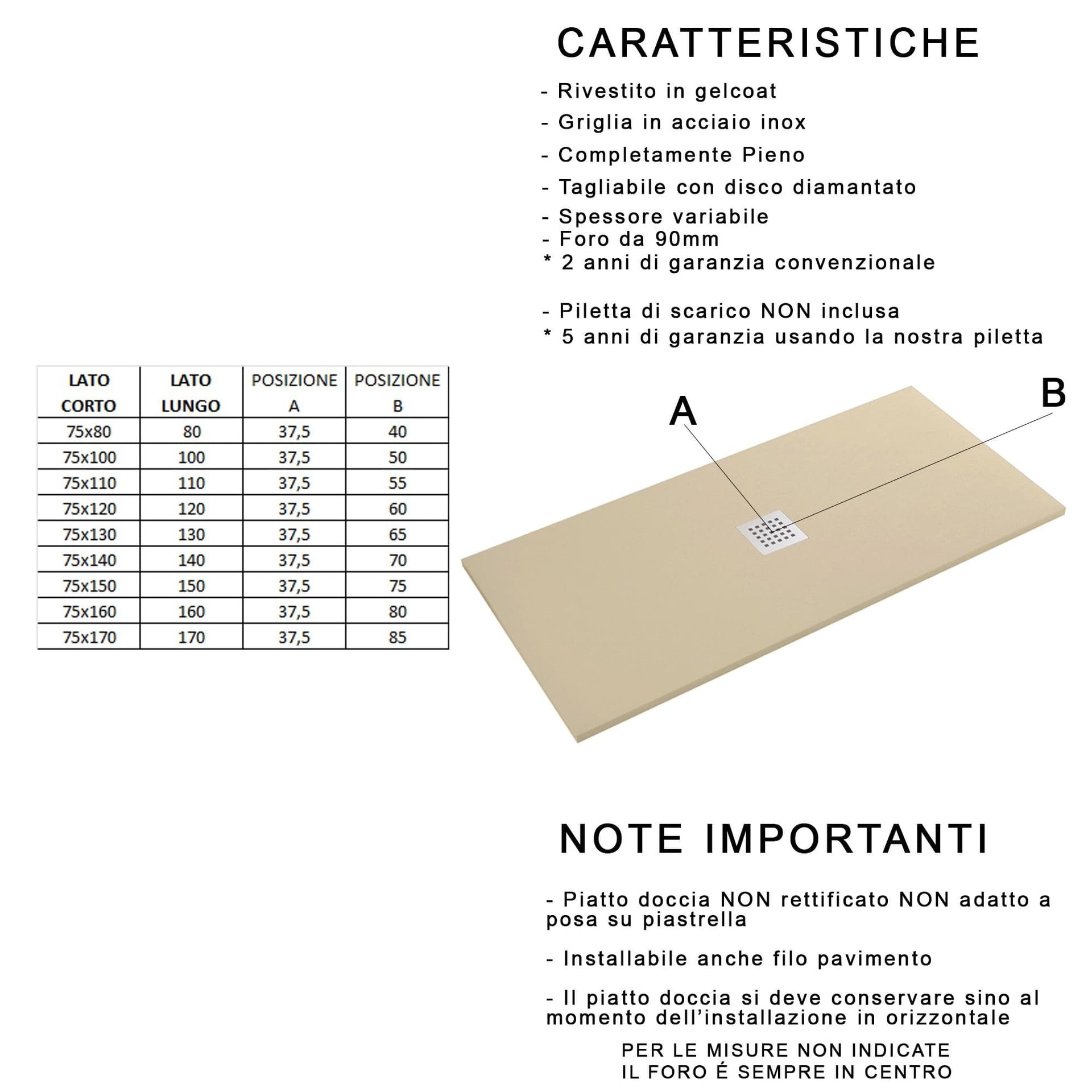 Piatto doccia in marmo resina effetto pietra con foro centrale Tortora Chic in Box doccia Mondialshop - Parabiago, commercioVirtuoso.it