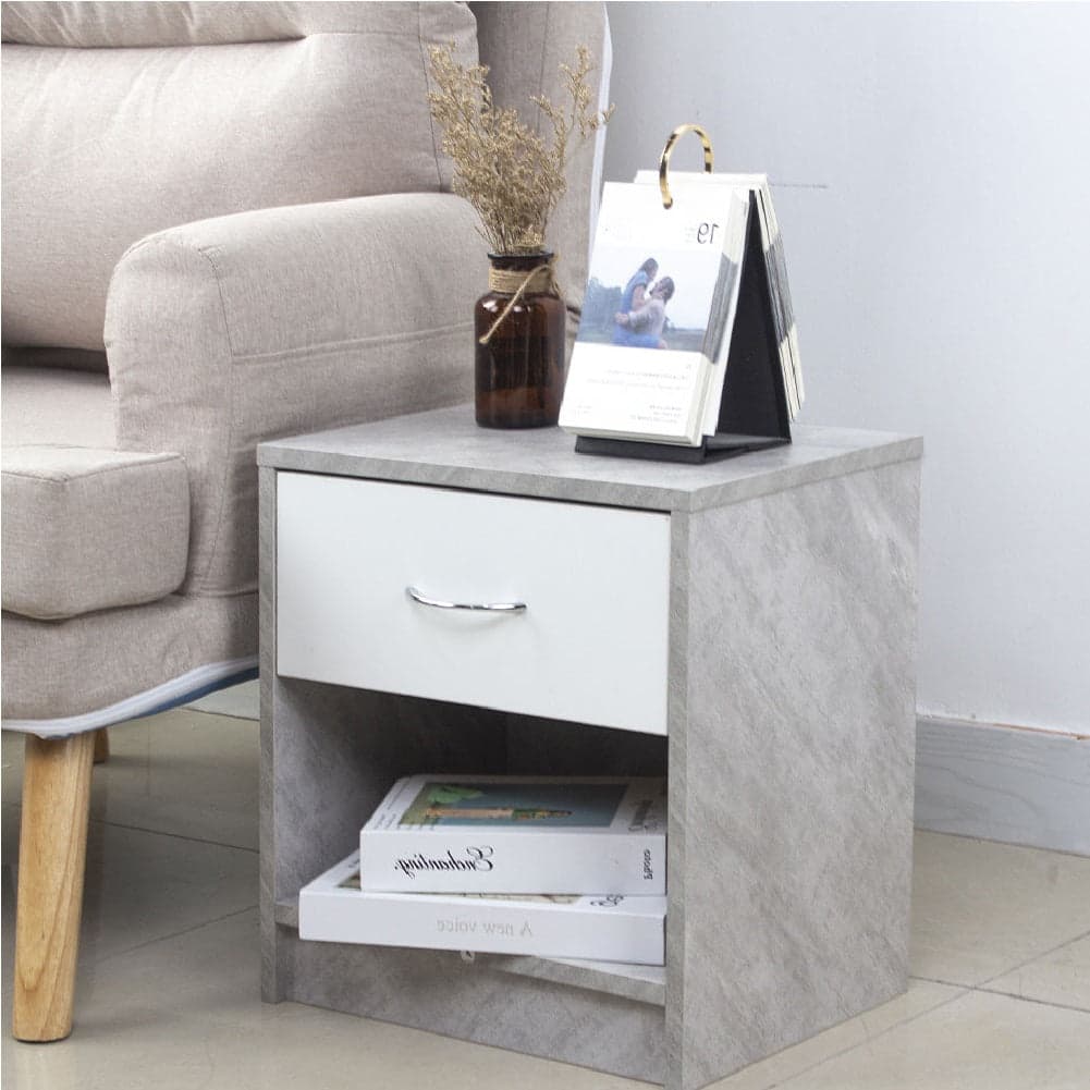 Comodino Bicolore 1 Cassetto e Ripiano Inferiore Design Moderno H41cm Bianco Cemento