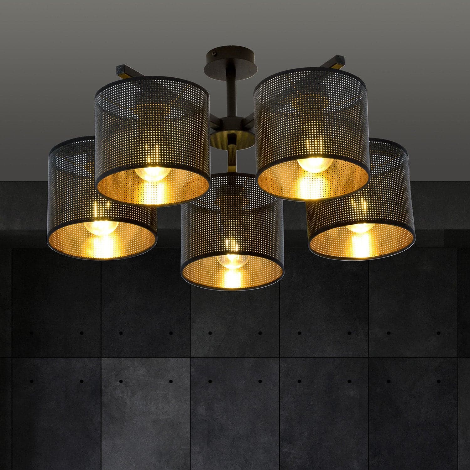 Plafoniera Industrial 5 Luci Jordan In Acciaio Nero E Paralumi A Cilindro Oro in Lampade a sospensione LuceArt - Montecorvino Pugliano, commercioVirtuoso.it