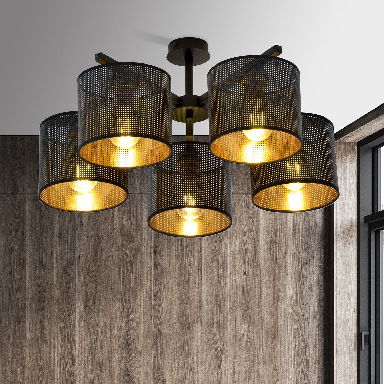 Plafoniera Industrial 5 Luci Jordan In Acciaio Nero E Paralumi A Cilindro Oro in Lampade a sospensione LuceArt - Montecorvino Pugliano, commercioVirtuoso.it
