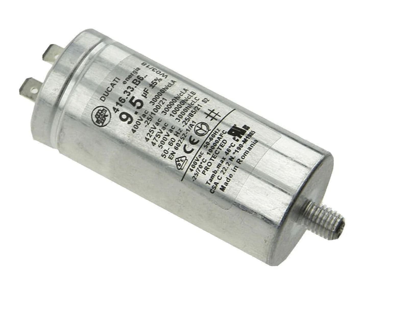 Condensatore 9,5 µF Ducati spunto motore asciugatrice ELECTROLUX 482000023158 in prodotto EuroStore07 - Alatri, commercioVirtuoso.it