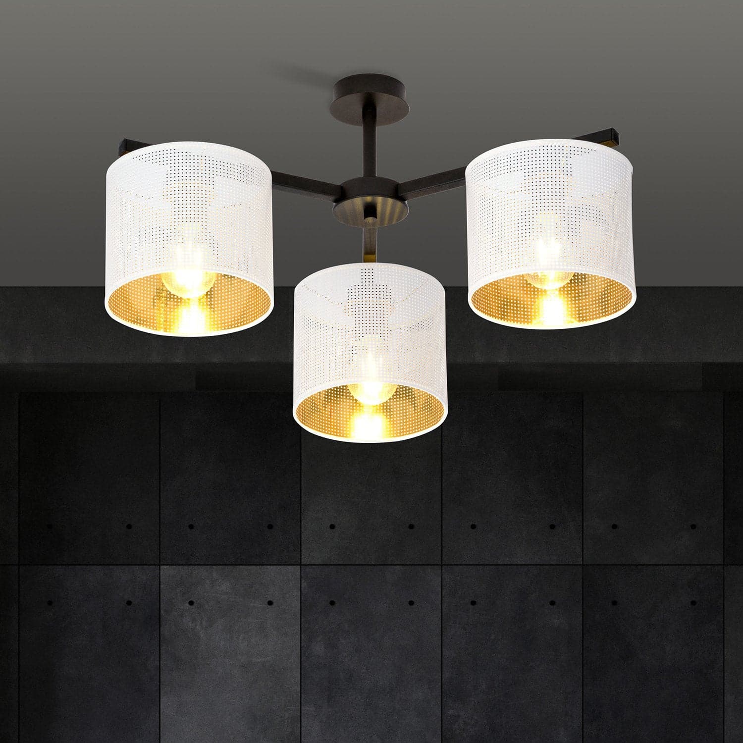 Plafoniera Industrial 3 Luci Jordan In Acciaio Bianco E Paralumi A Cilindro Oro in Lampadari LuceArt - Montecorvino Pugliano, commercioVirtuoso.it