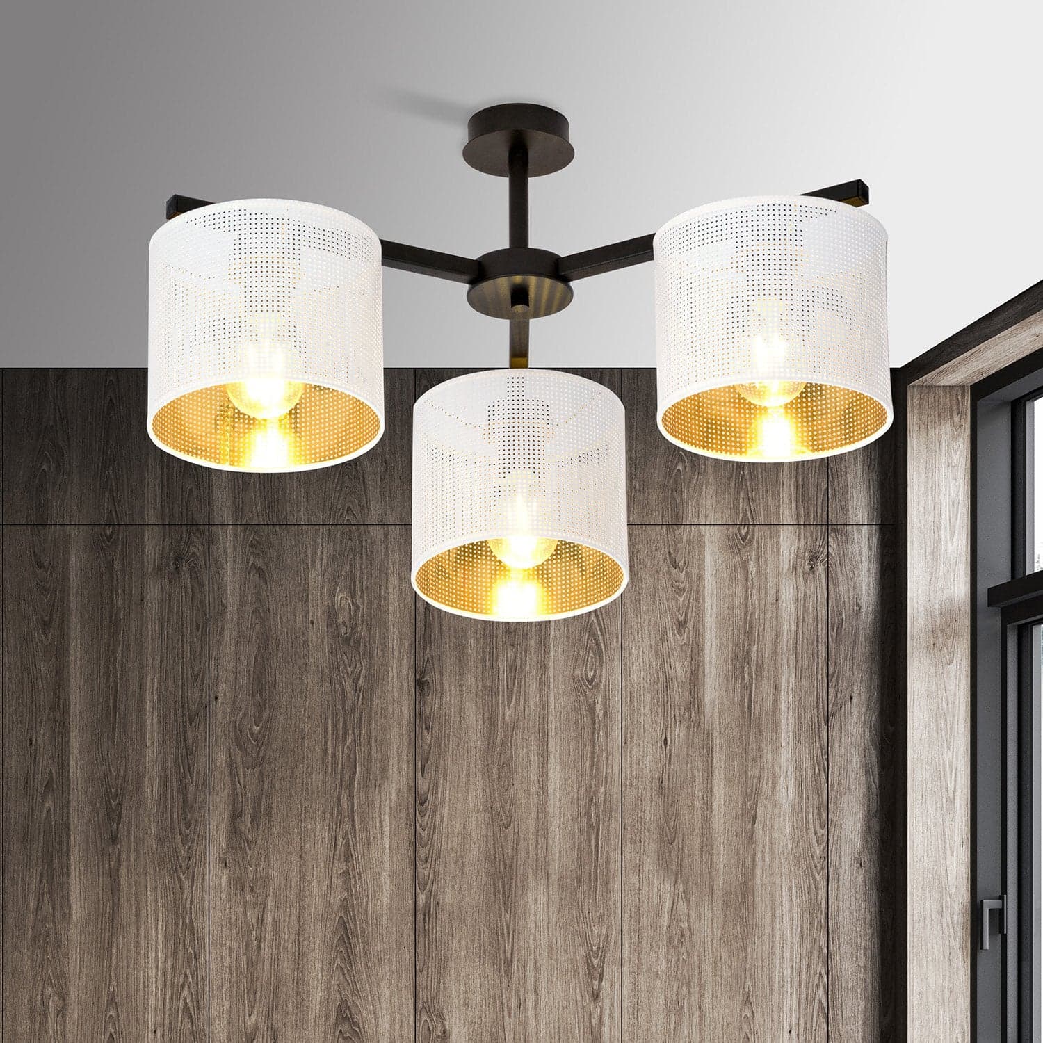 Plafoniera Industrial 3 Luci Jordan In Acciaio Bianco E Paralumi A Cilindro Oro in Lampadari LuceArt - Montecorvino Pugliano, commercioVirtuoso.it