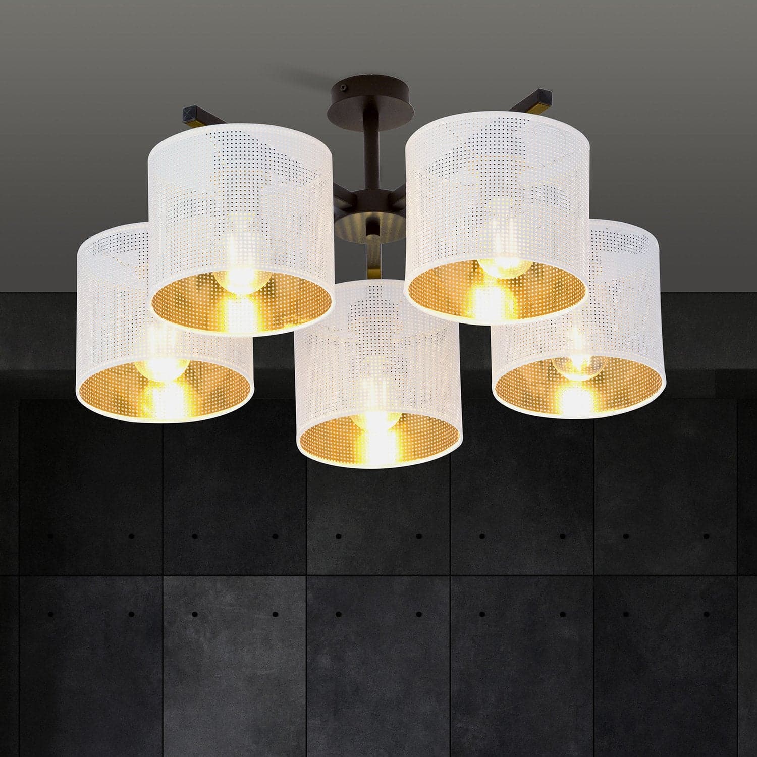 Plafoniera Industrial 5 Luci Jordan In Acciaio Bianco E Paralumi A Cilindro Oro in Lampade a sospensione LuceArt - Montecorvino Pugliano, commercioVirtuoso.it