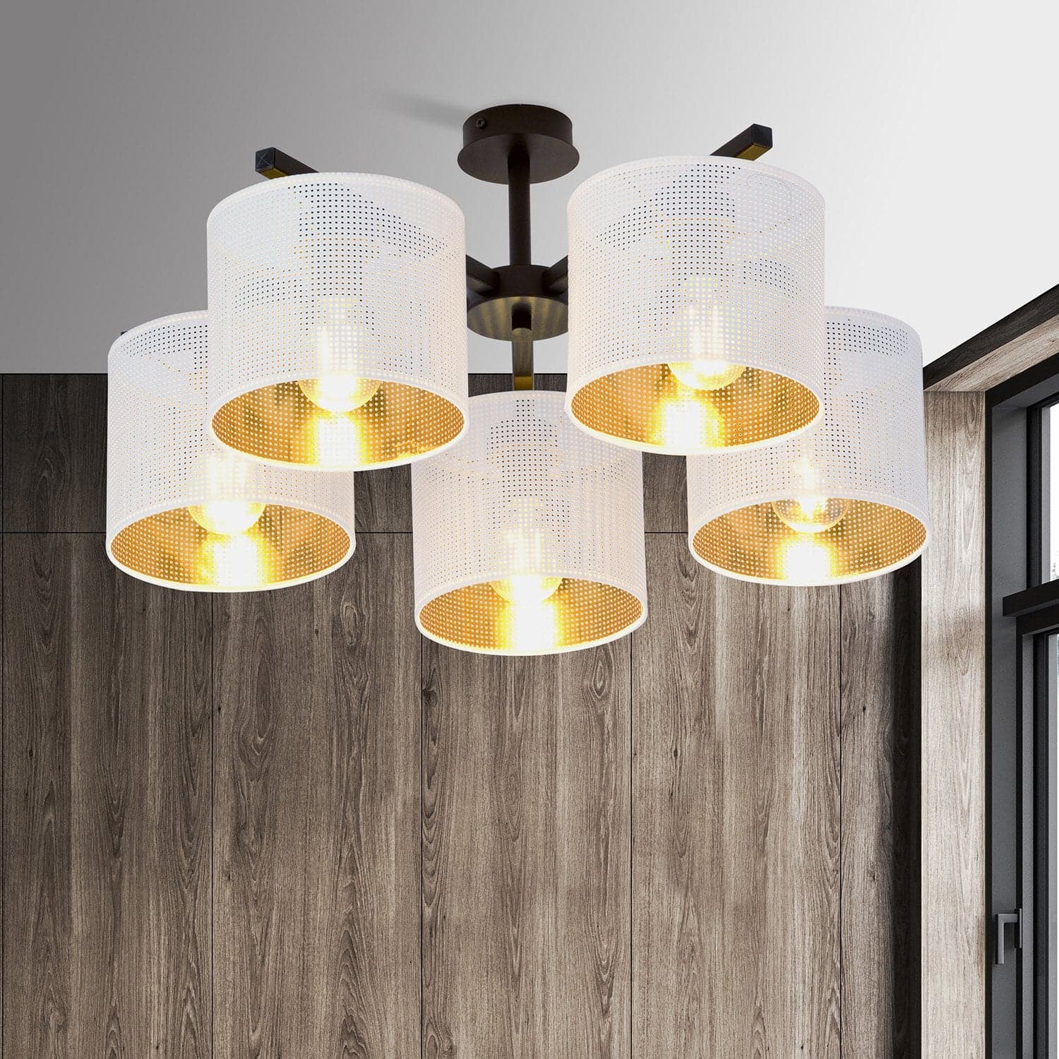 Plafoniera Industrial 5 Luci Jordan In Acciaio Bianco E Paralumi A Cilindro Oro in Lampade a sospensione LuceArt - Montecorvino Pugliano, commercioVirtuoso.it