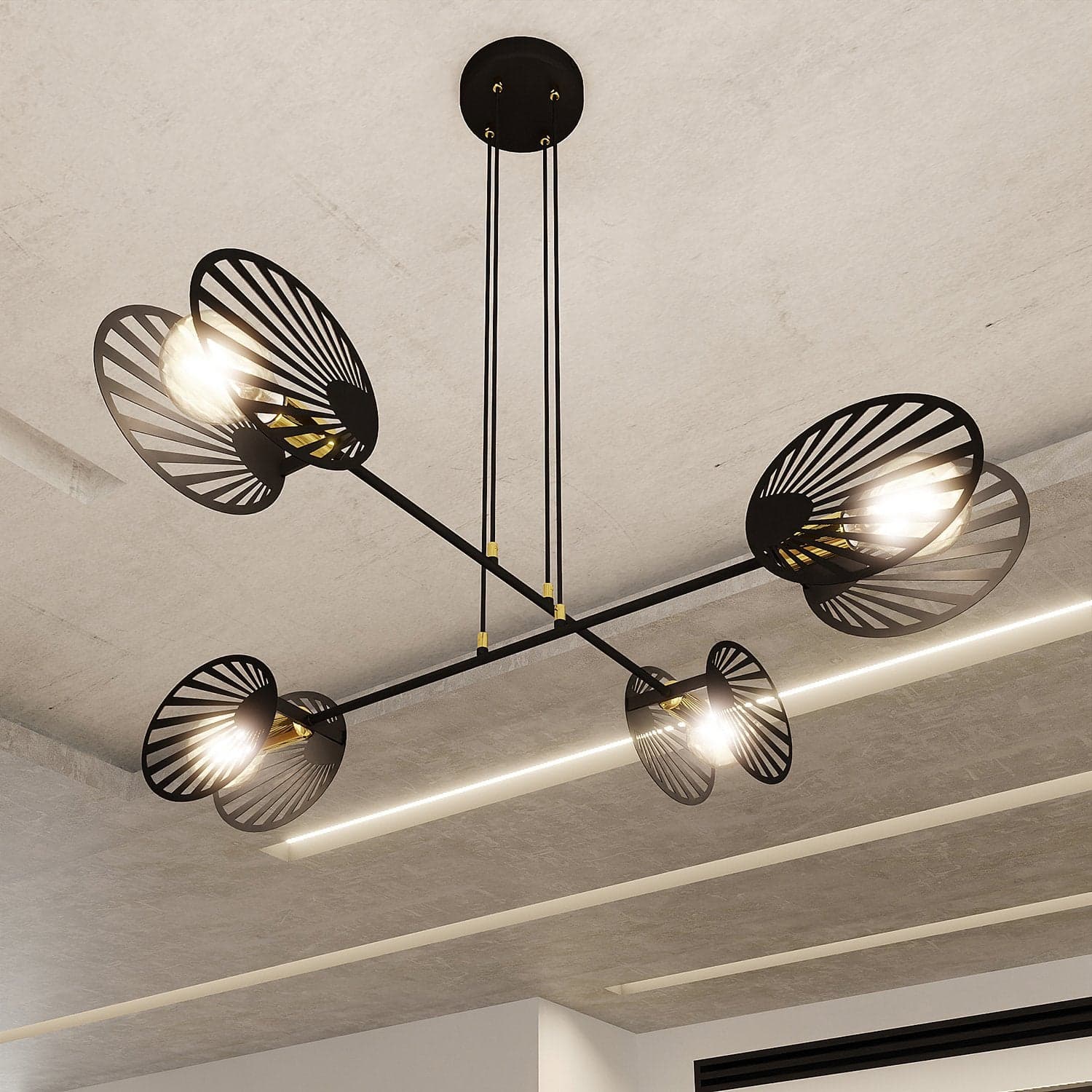 Sospensione Contemporanea 4 Luci Playa In Acciaio Nero E Oro in Lampade a sospensione LuceArt - Montecorvino Pugliano, commercioVirtuoso.it