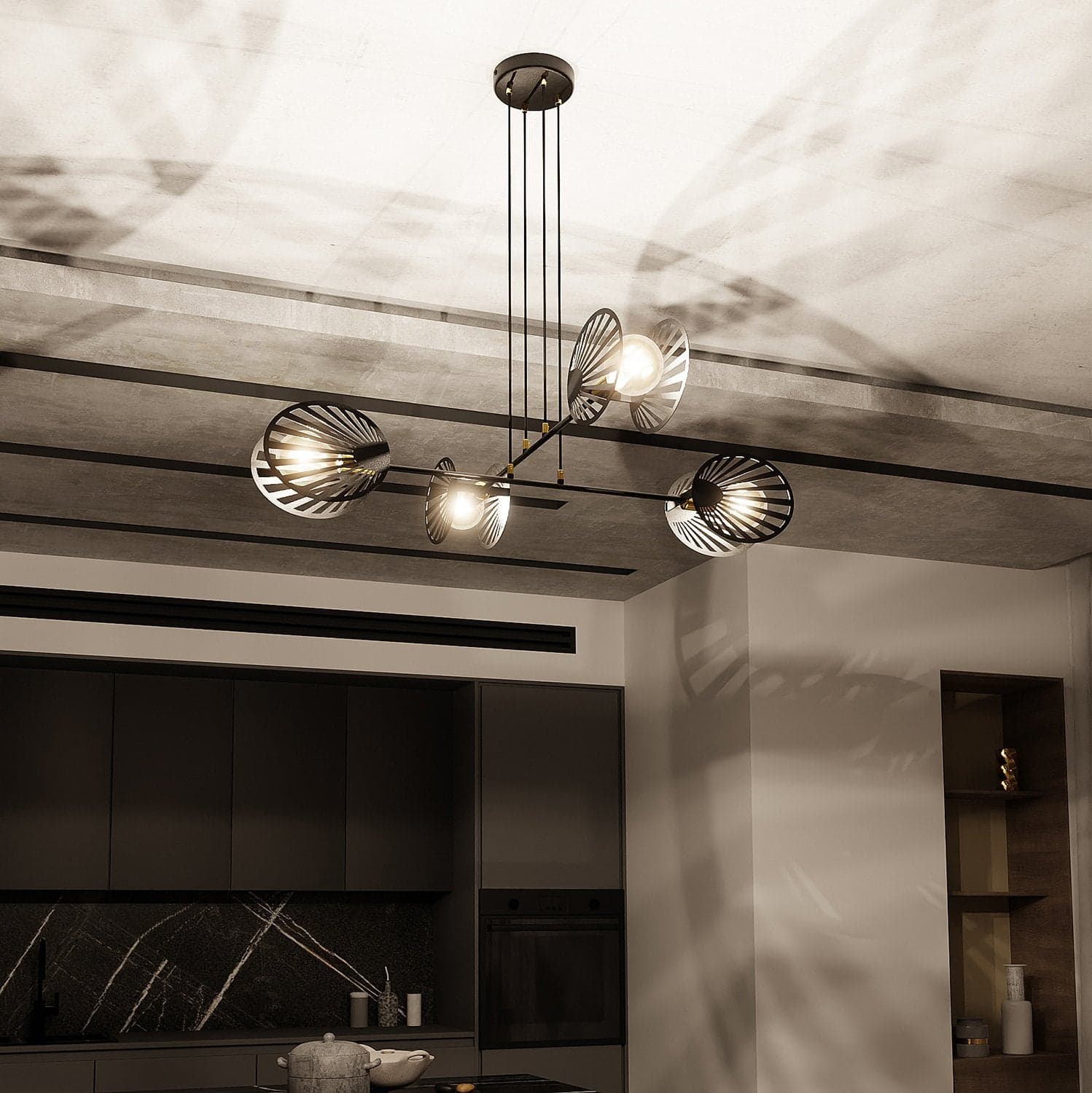 Sospensione Contemporanea 4 Luci Playa In Acciaio Nero E Oro in Lampade a sospensione LuceArt - Montecorvino Pugliano, commercioVirtuoso.it