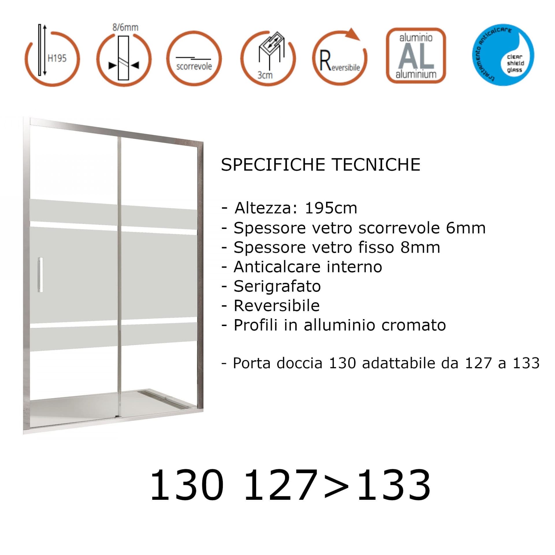 Porta doccia serigrafata scorrevole h195cm 8mm AKTUAL FROST in Porte doccia Mondialshop - Parabiago, commercioVirtuoso.it