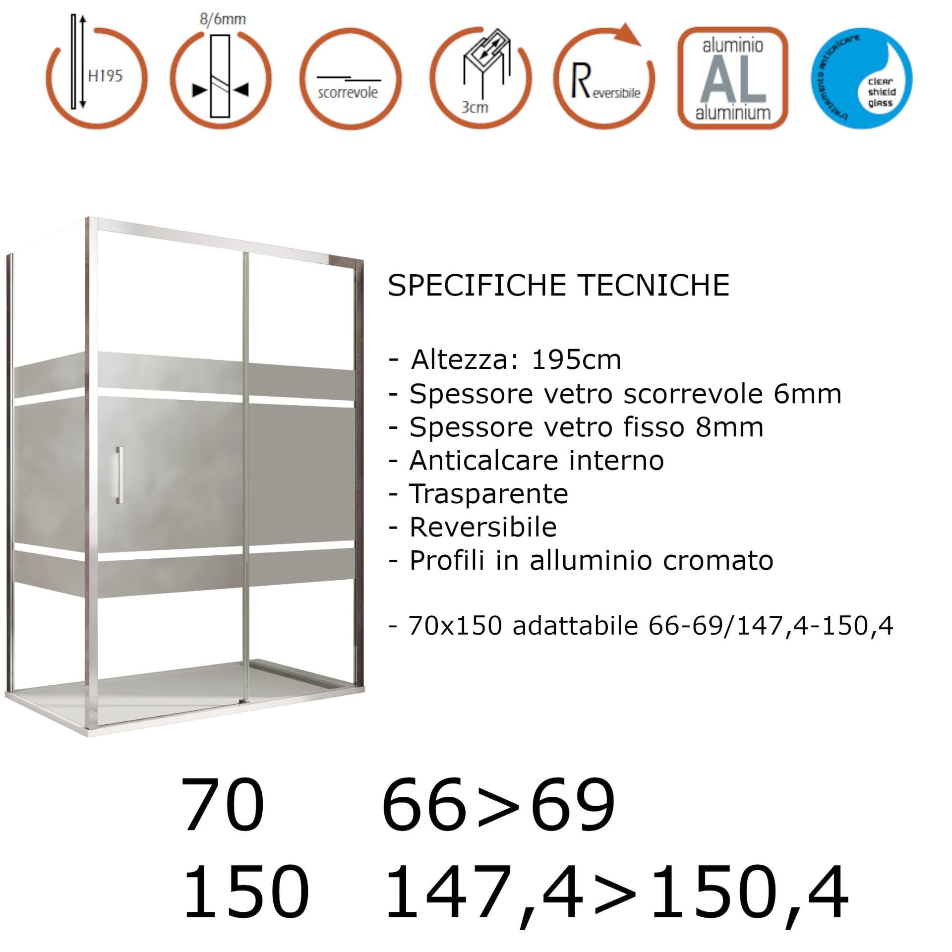 Box doccia angolare scorrevole serigrafato con lato fisso H195cm 8mm AKTUAL FROST in Box doccia Mondialshop - Parabiago, commercioVirtuoso.it