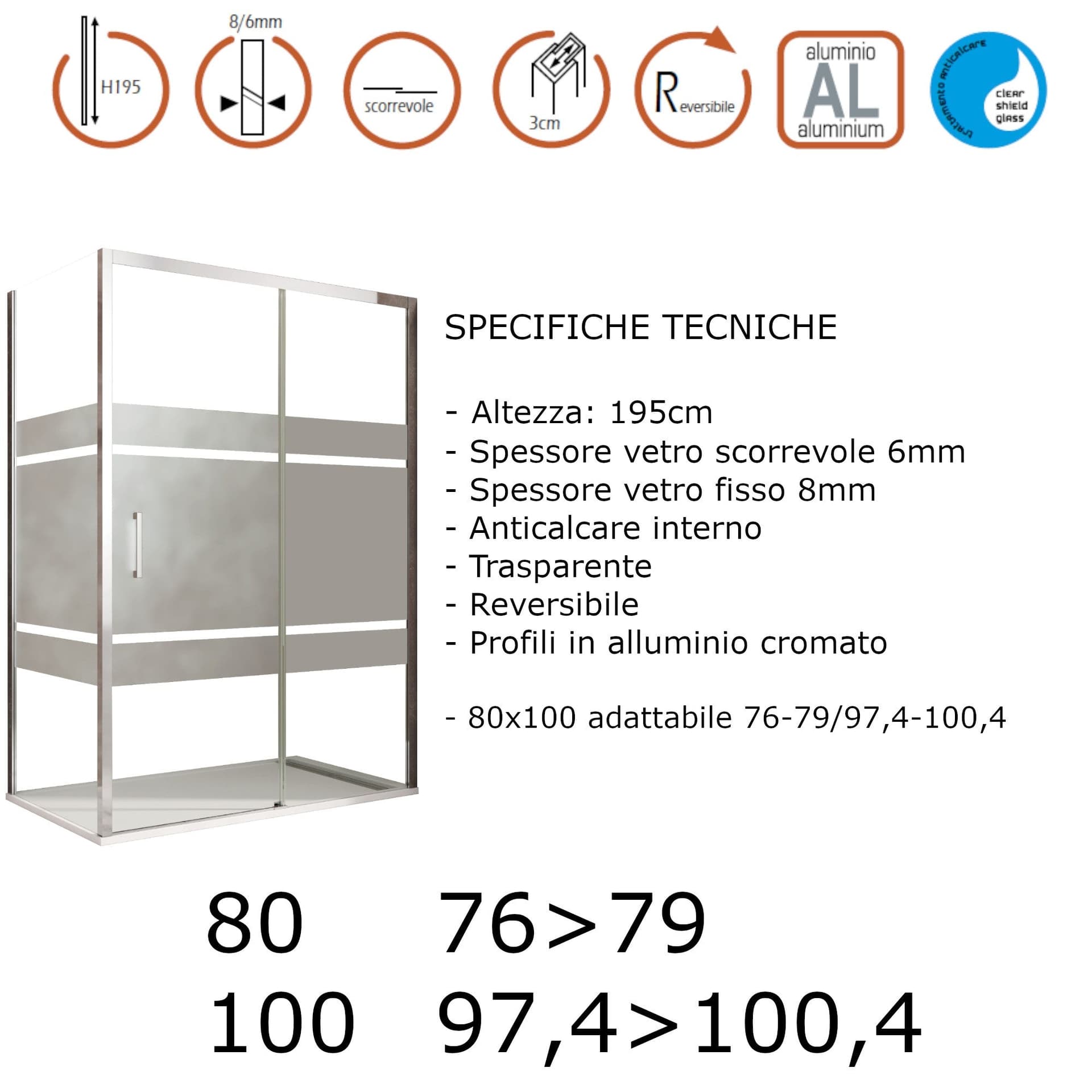Box doccia angolare scorrevole serigrafato con lato fisso H195cm 8mm AKTUAL FROST in Box doccia Mondialshop - Parabiago, commercioVirtuoso.it