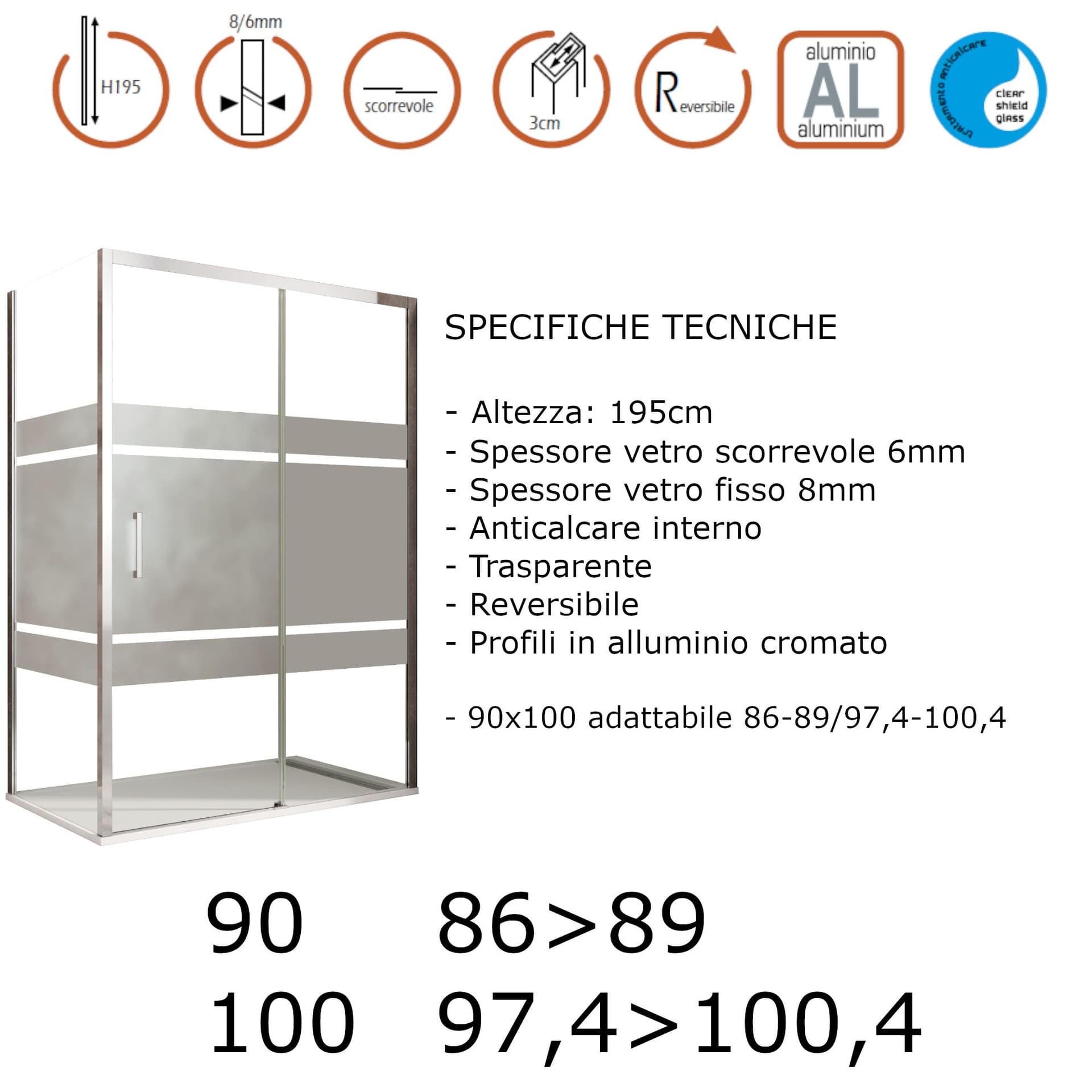 Box doccia angolare scorrevole serigrafato con lato fisso H195cm 8mm AKTUAL FROST in Box doccia Mondialshop - Parabiago, commercioVirtuoso.it