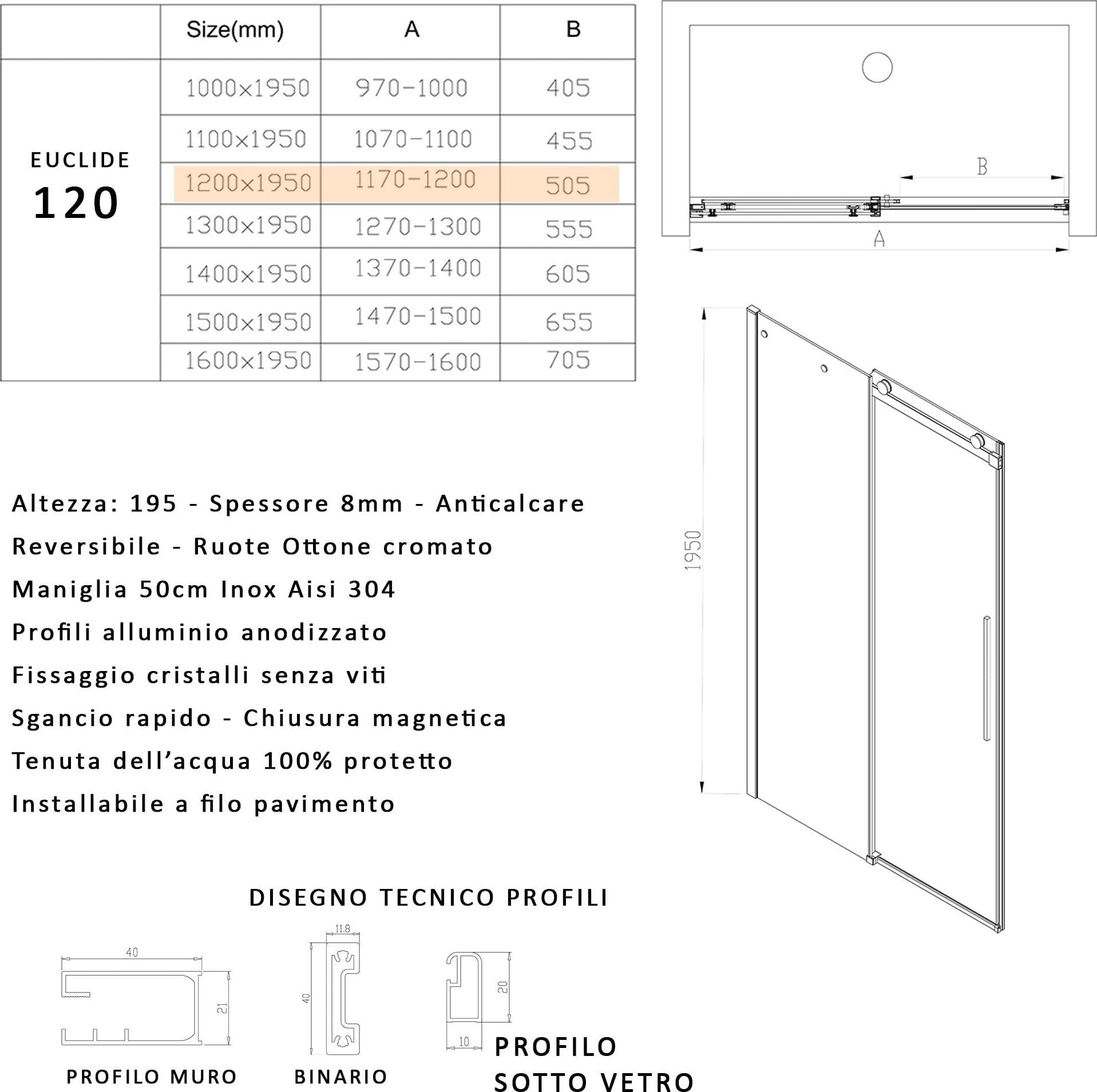 Porta doccia scorrevole trasparente H195 8mm anticalcare EUCLIDE in Porte doccia Mondialshop - Parabiago, commercioVirtuoso.it