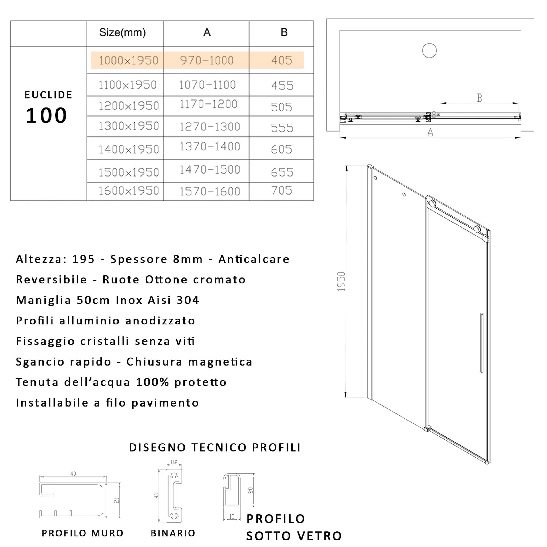 Porta doccia scorrevole trasparente H195 8mm anticalcare EUCLIDE in Porte doccia Mondialshop - Parabiago, commercioVirtuoso.it