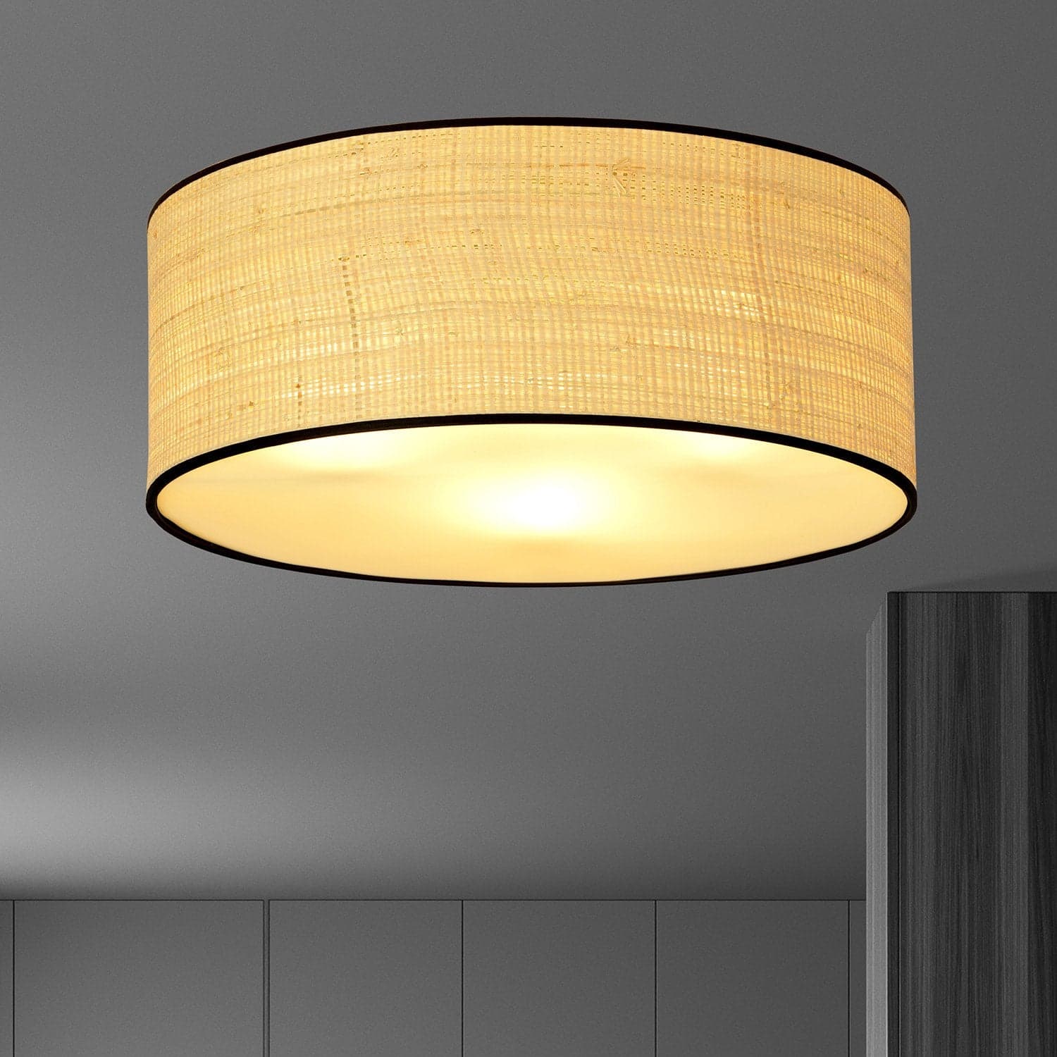 Plafoniera Nordica 3 Luci Aston In Acciaio Nero E Rattan in Plafoniere LuceArt - Montecorvino Pugliano, commercioVirtuoso.it