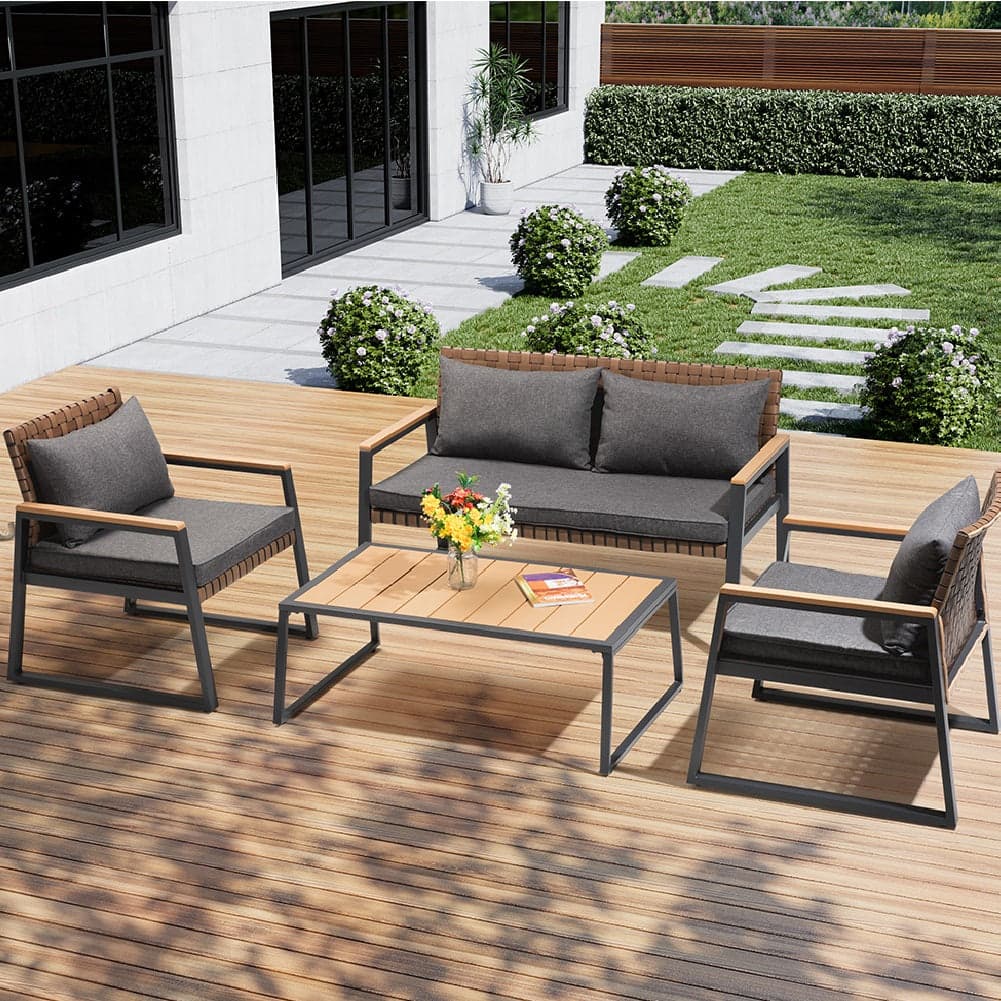 Set da Giardino 4pz Salotto Poltrone Tavolino Metallo e Polyrattan con Cuscini in Divanetti Danyx - Casoria, commercioVirtuoso.it