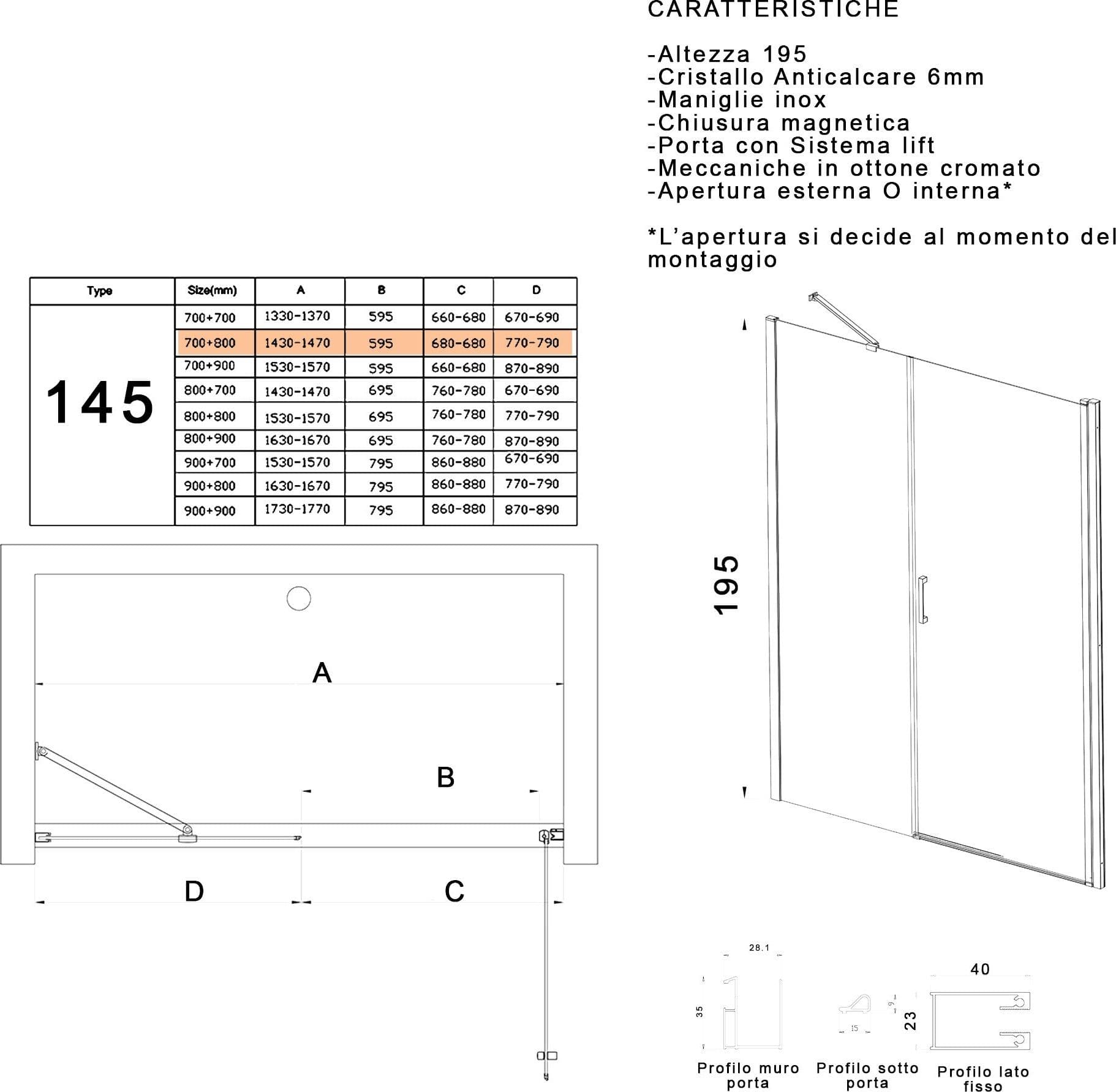 Porta doccia battente 6mm h195 anticalcare SALEMA in Porte doccia Mondialshop - Parabiago, commercioVirtuoso.it
