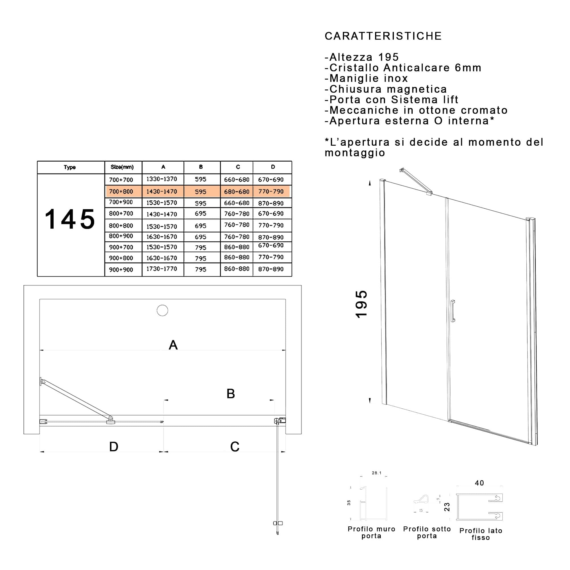 Porta doccia battente 6mm h195 anticalcare SALEMA in Porte doccia Mondialshop - Parabiago, commercioVirtuoso.it