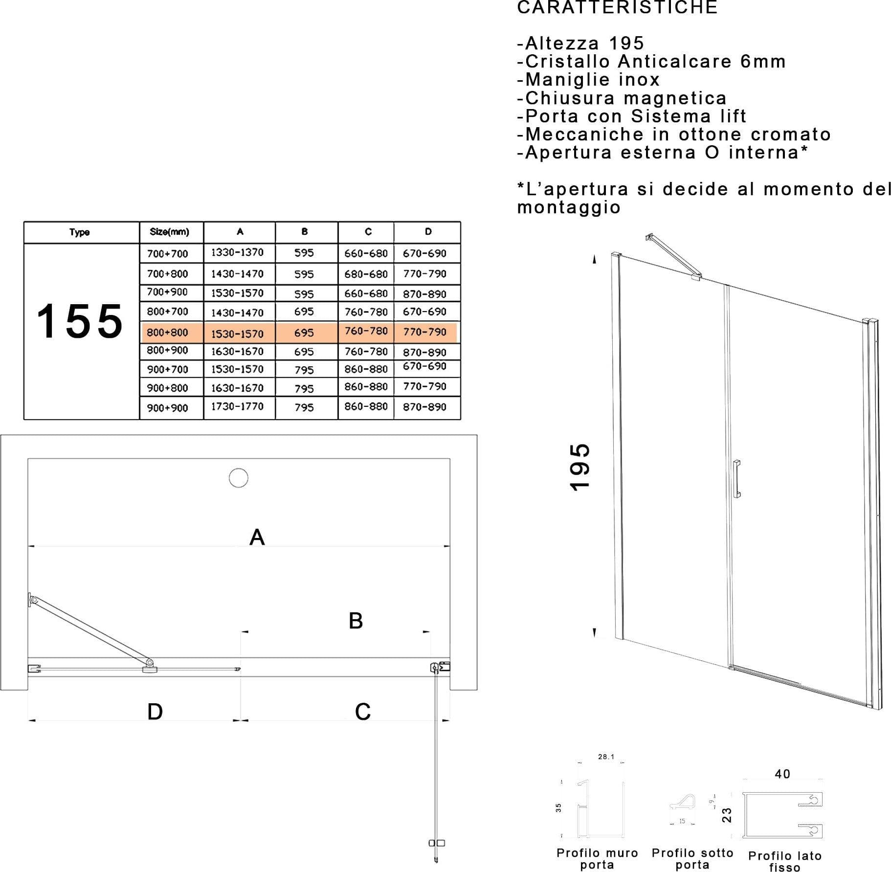 Porta doccia battente 6mm h195 anticalcare SALEMA in Porte doccia Mondialshop - Parabiago, commercioVirtuoso.it