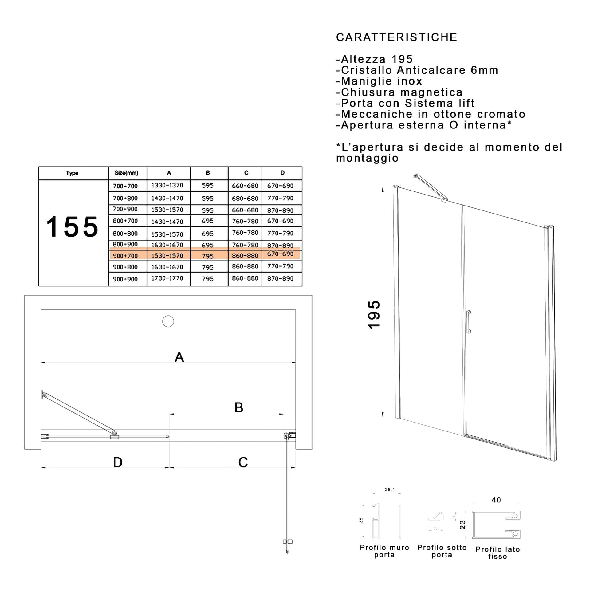 Porta doccia battente 6mm h195 anticalcare SALEMA in Porte doccia Mondialshop - Parabiago, commercioVirtuoso.it