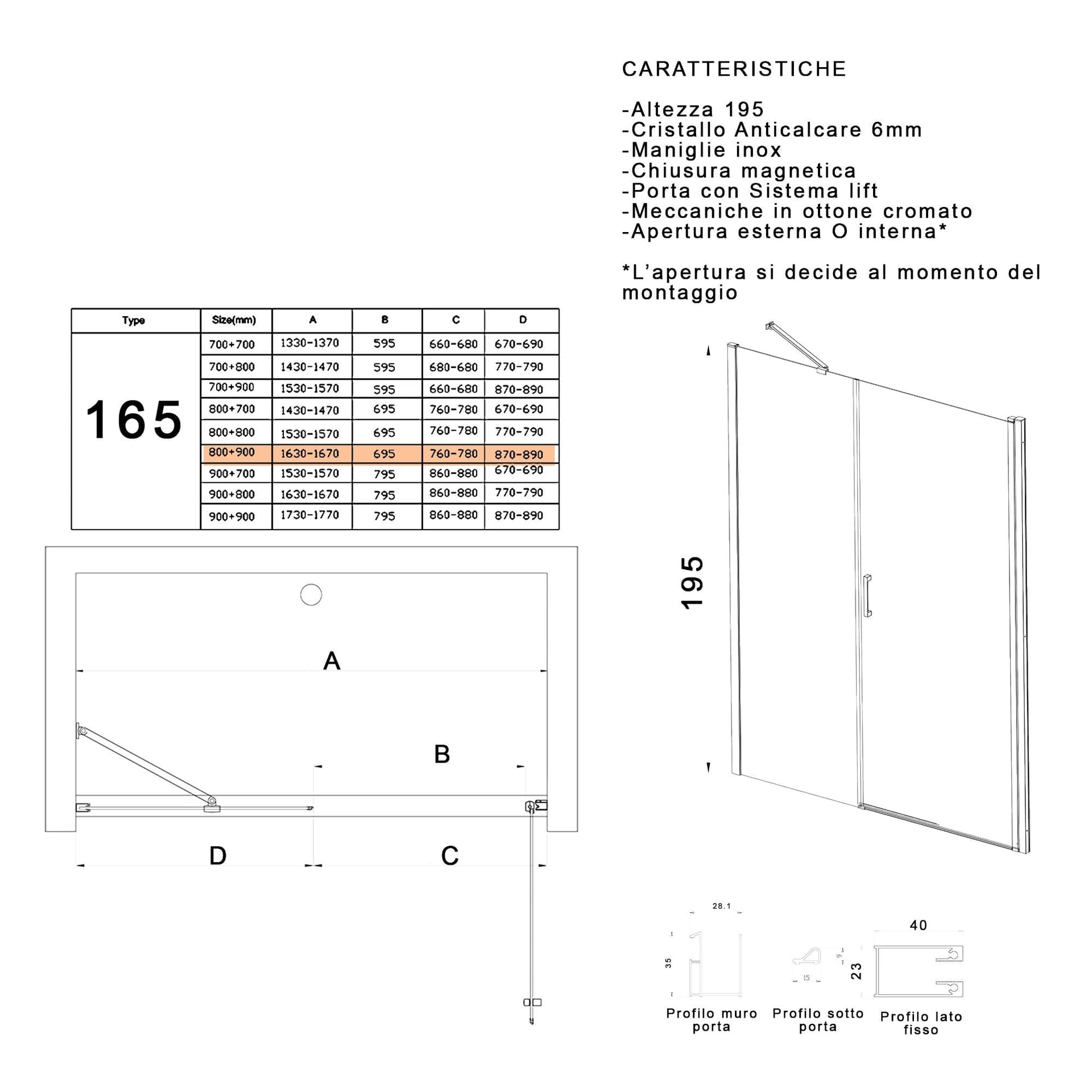 Porta doccia battente 6mm h195 anticalcare SALEMA in Porte doccia Mondialshop - Parabiago, commercioVirtuoso.it