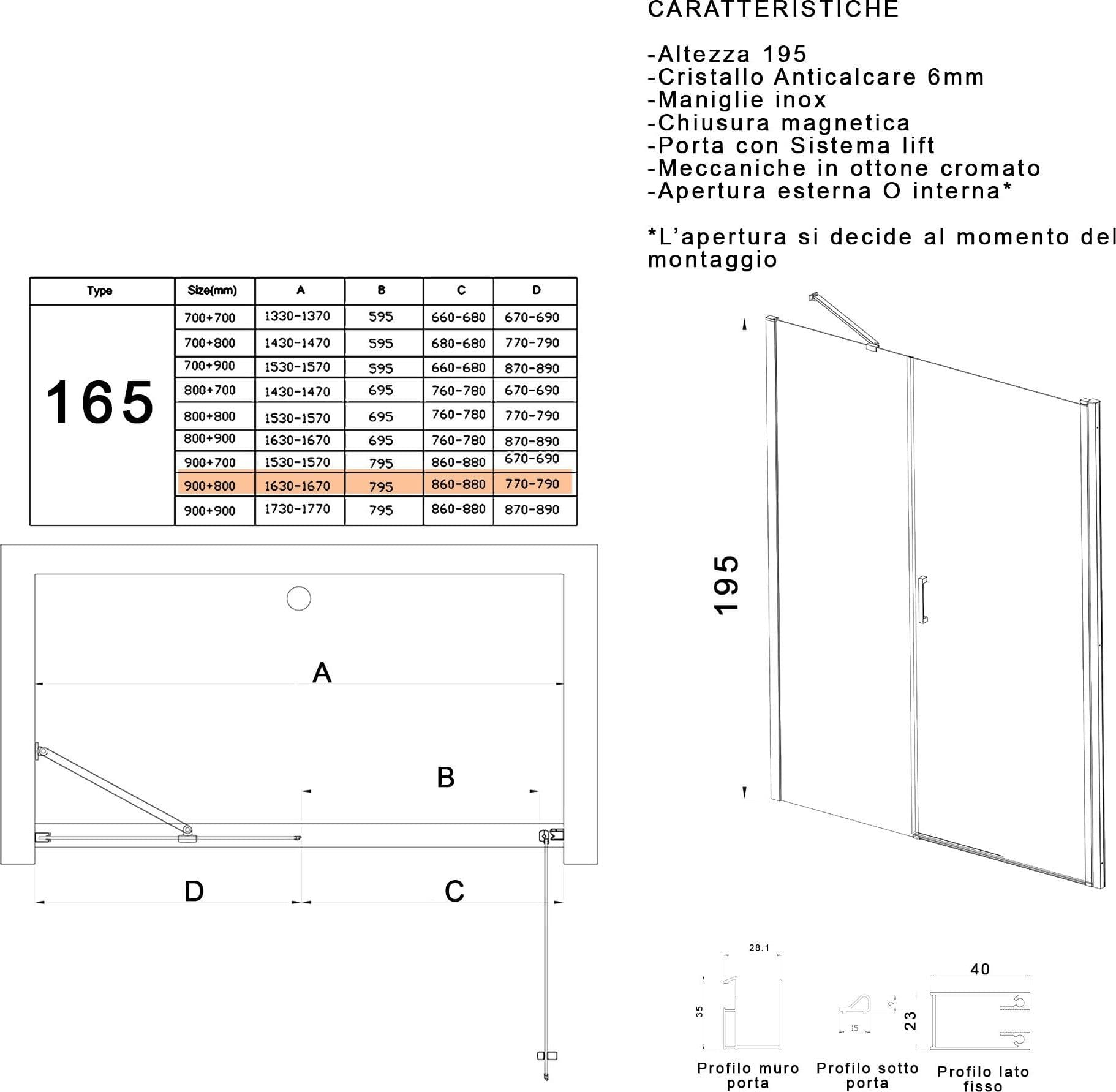 Porta doccia battente 6mm h195 anticalcare SALEMA in Porte doccia Mondialshop - Parabiago, commercioVirtuoso.it