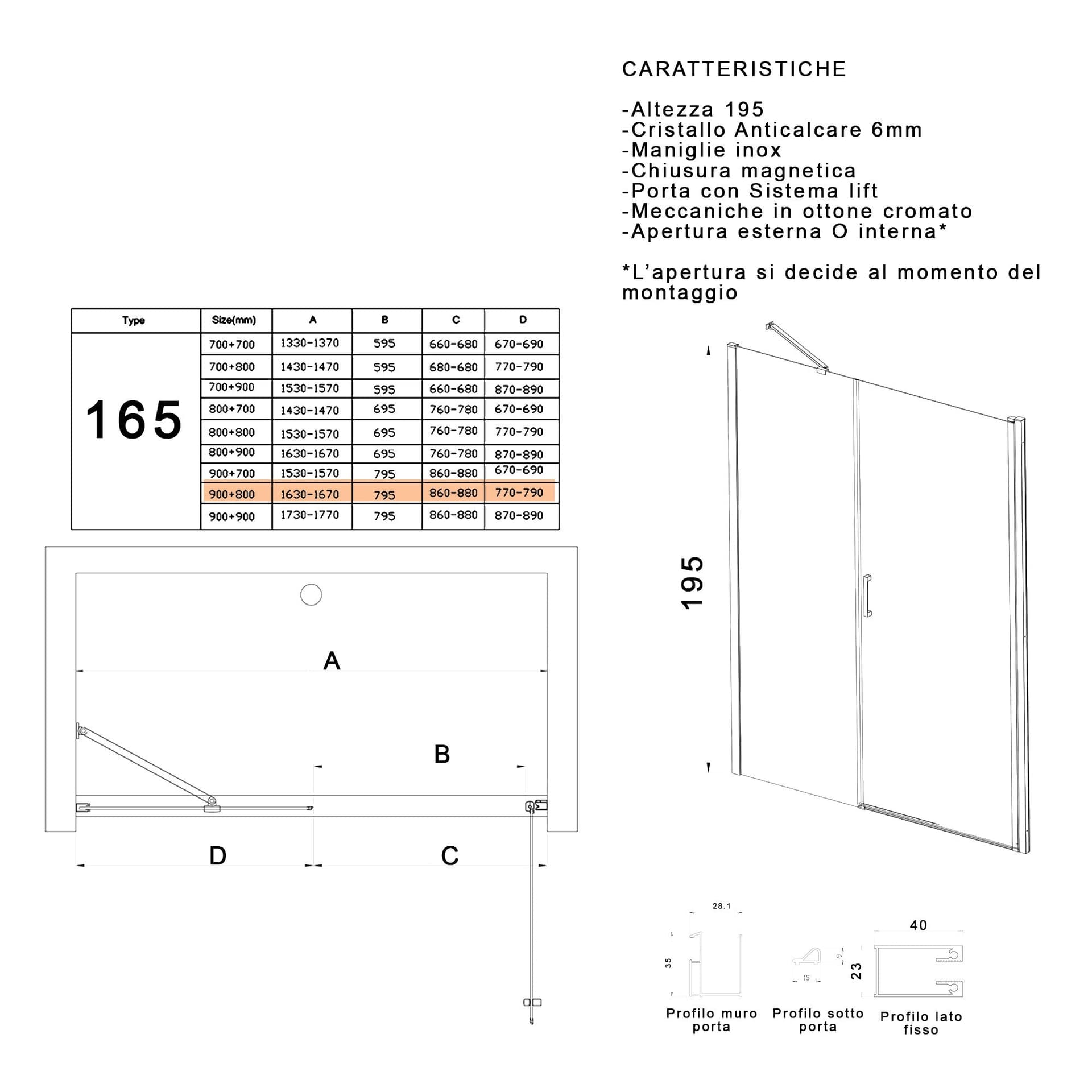 Porta doccia battente 6mm h195 anticalcare SALEMA in Porte doccia Mondialshop - Parabiago, commercioVirtuoso.it
