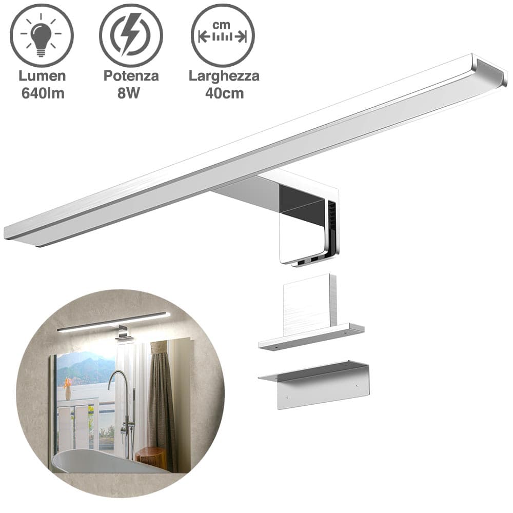Faretto Led per Specchio da Bagno Alluminio 40cm Luce LED 8W 6500K 640lm Bianco Freddo in Faretti da soffitto Danyx - Casoria, commercioVirtuoso.it