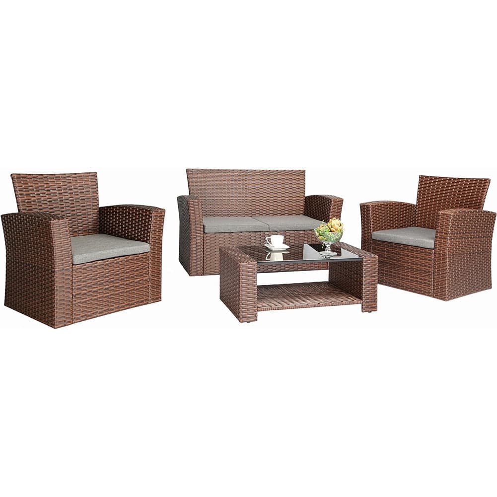 Set da Giardino in Rattan 2 Poltrone, Divano 2 posti e Tavolino con Cuscini Grigio