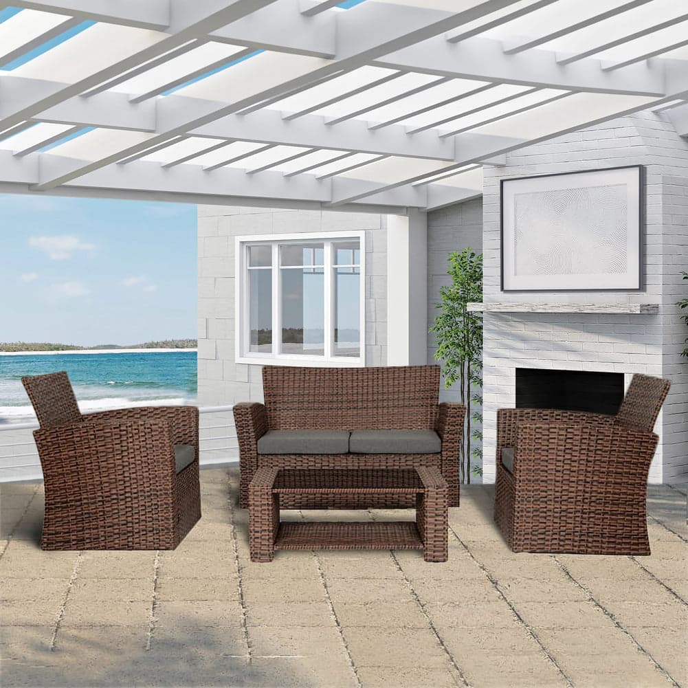 Set da Giardino in Rattan 2 Poltrone, Divano 2 posti e Tavolino con Cuscini Grigio in Divanetti Danyx - Casoria, commercioVirtuoso.it
