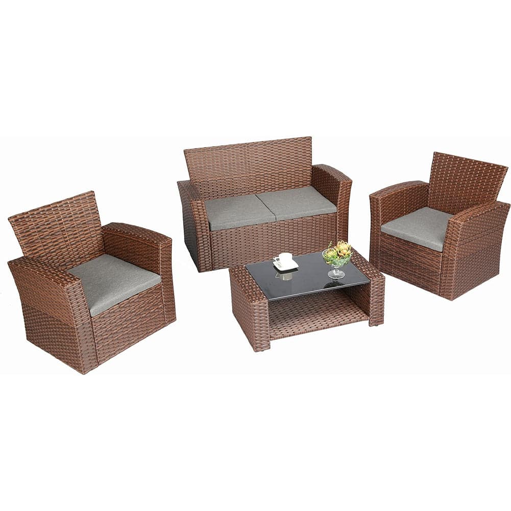 Set da Giardino in Rattan 2 Poltrone, Divano 2 posti e Tavolino con Cuscini Grigio in Divanetti Danyx - Casoria, commercioVirtuoso.it