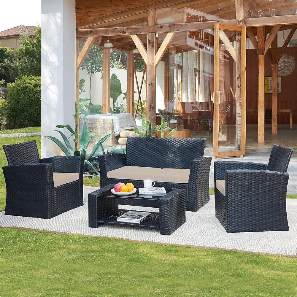 Set da Giardino in Rattan 2 Poltrone, Divano 2 posti e Tavolino con Cuscini Beige in Divanetti Danyx - Casoria, commercioVirtuoso.it