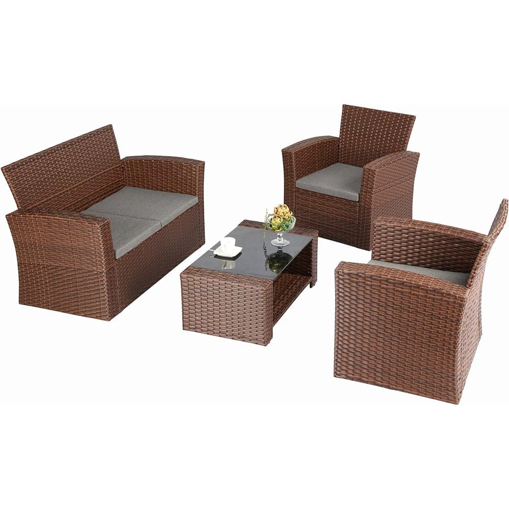 Set da Giardino in Rattan 2 Poltrone, Divano 2 posti e Tavolino con Cuscini Grigio in Divanetti Danyx - Casoria, commercioVirtuoso.it