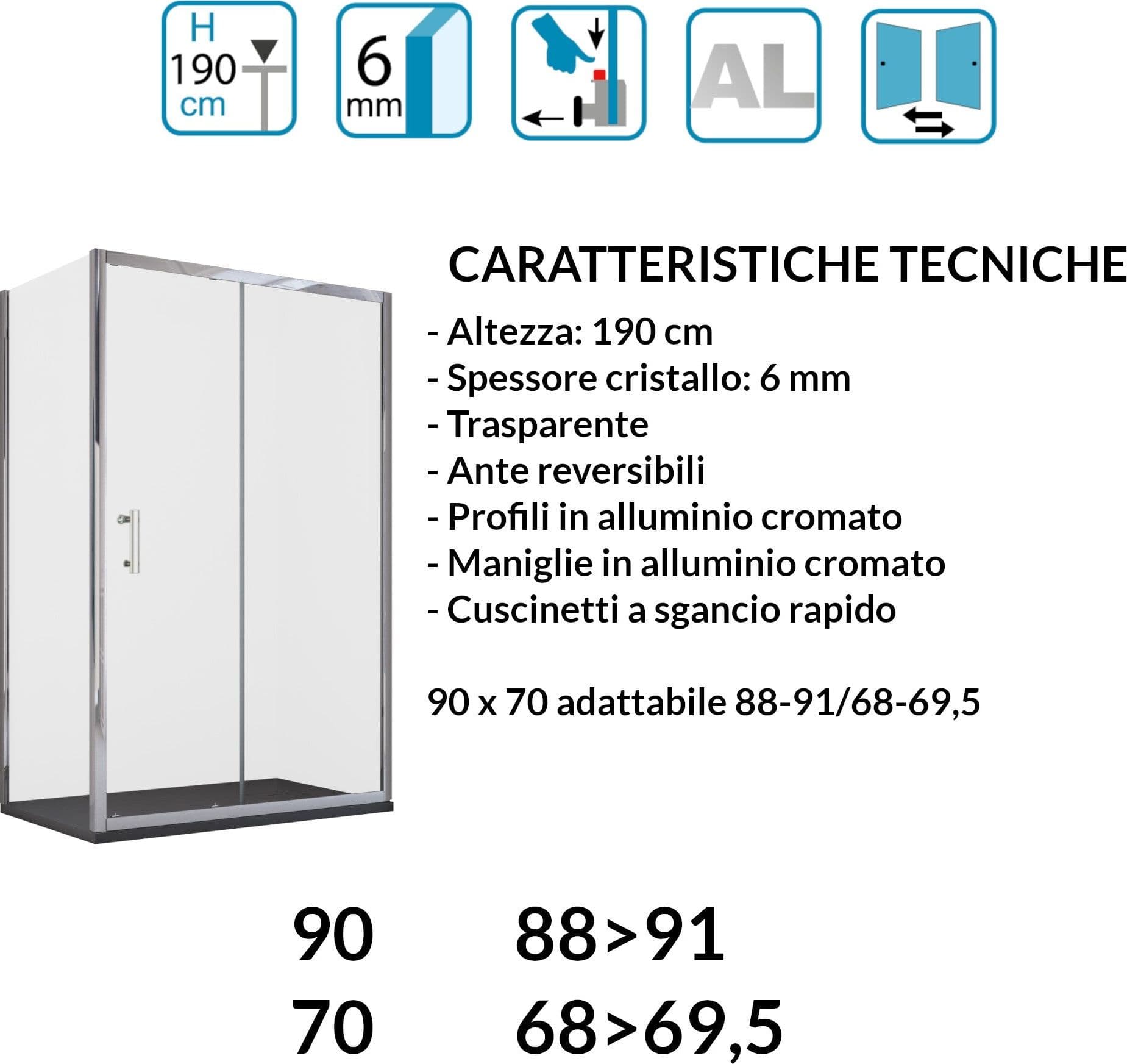 Box doccia angolare scorrevole trasparente con lato fisso H190cm 6mm BIG in Box doccia Mondialshop - Parabiago, commercioVirtuoso.it