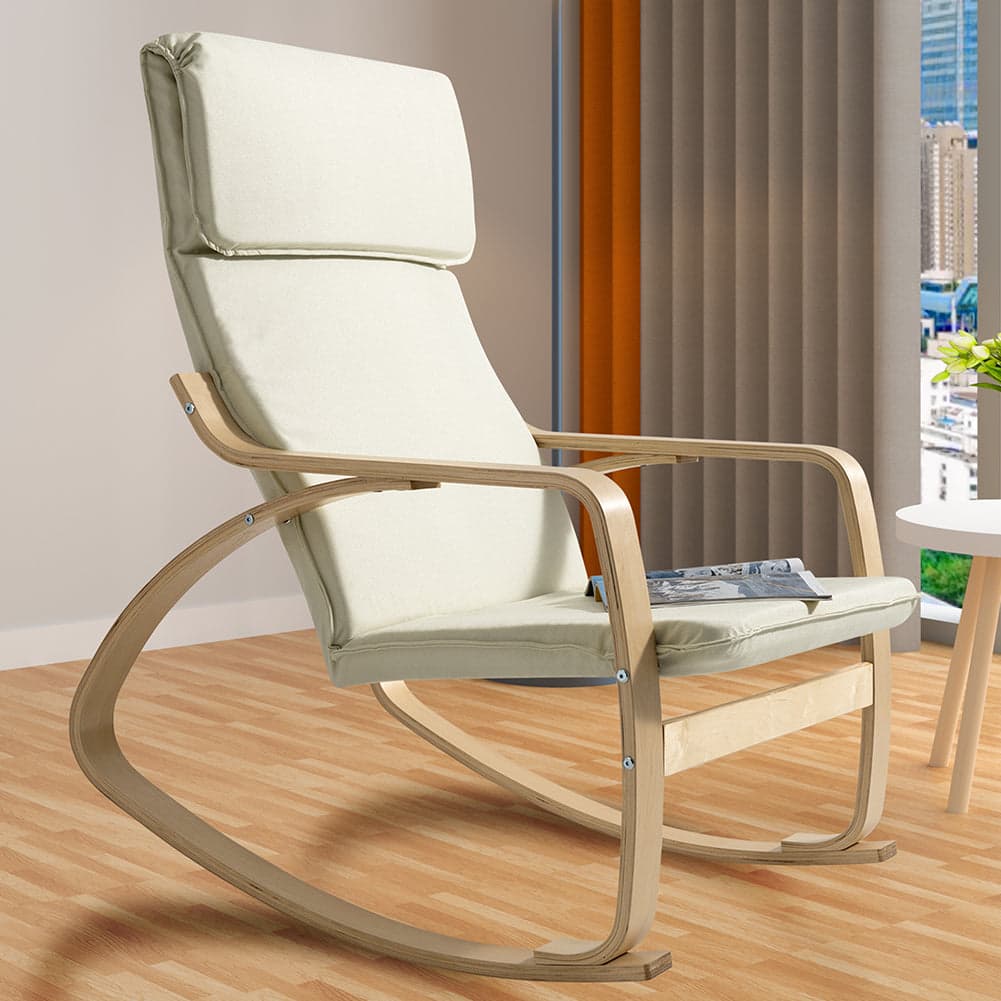 Poltrona a Dondolo Moderna legno Betulla Sedia Relax Cotone Beige Poggiatesta in Sedie a dondolo Danyx - Casoria, commercioVirtuoso.it