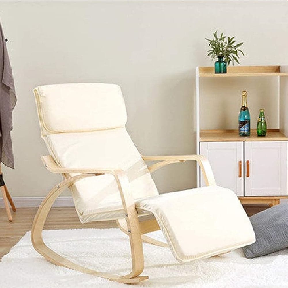 Poltrona a Dondolo in legno di Betulla con Poggiapiedi Regolabile 67x120x90cm Beige