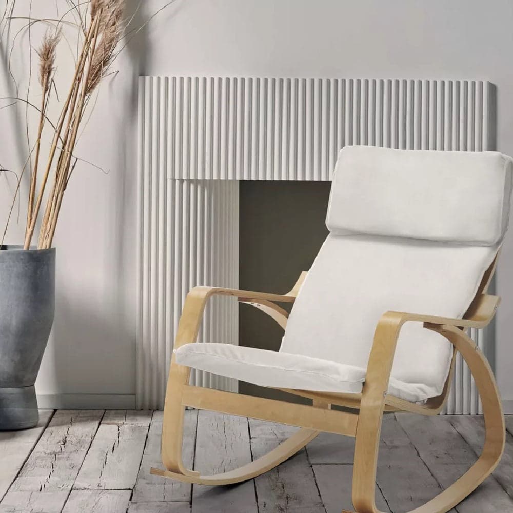 Poltrona a Dondolo Moderna legno Betulla Sedia Relax Cotone Beige Poggiatesta in Sedie a dondolo Danyx - Casoria, commercioVirtuoso.it