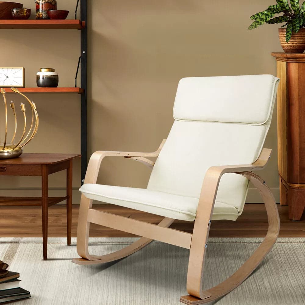 Poltrona a Dondolo Moderna legno Betulla Sedia Relax Cotone Beige Poggiatesta in Sedie a dondolo Danyx - Casoria, commercioVirtuoso.it