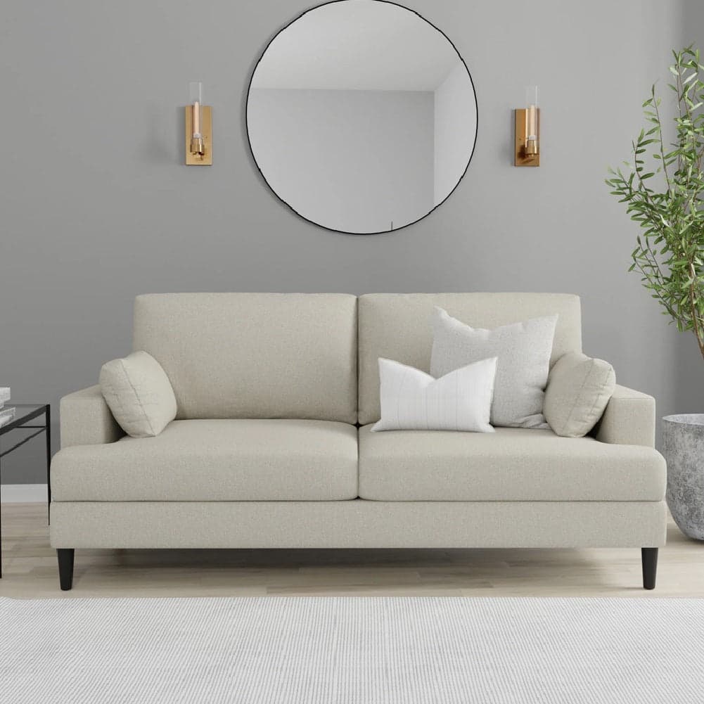 Divano 3 Posti in Tessuto Beige Gambe in Legno e Cuscini Moderno 191x88 H84cm